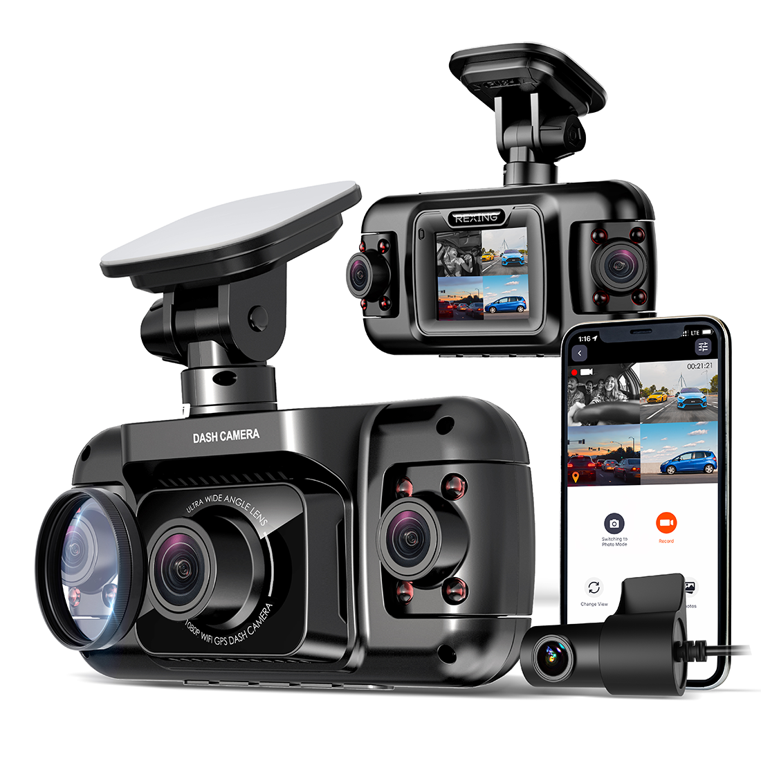 Car dashboard camera system with multiple cameras and a smartphone displaying app interface.