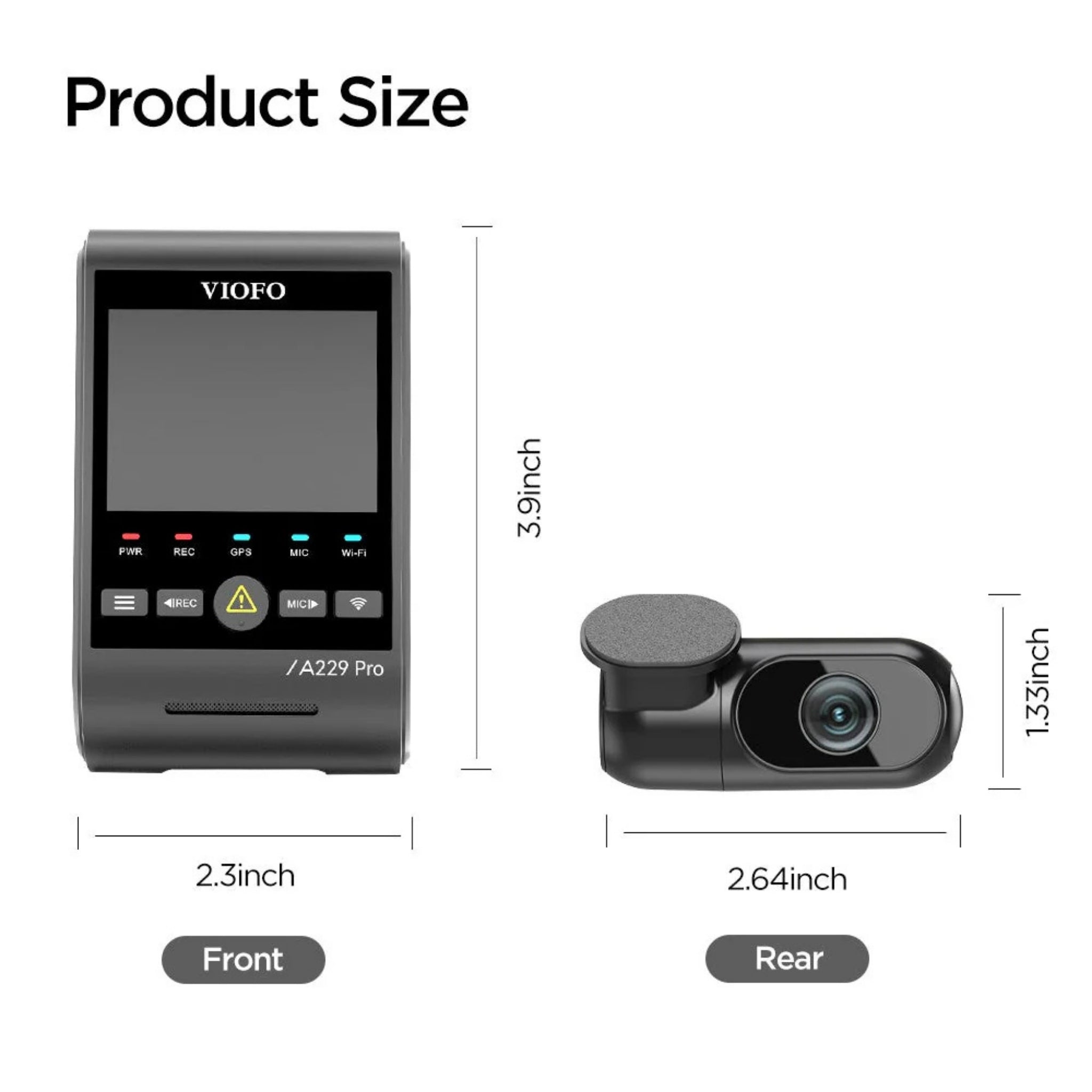 VIOFO A229 Pro dash cam with front and rear views and dimensions on a white background