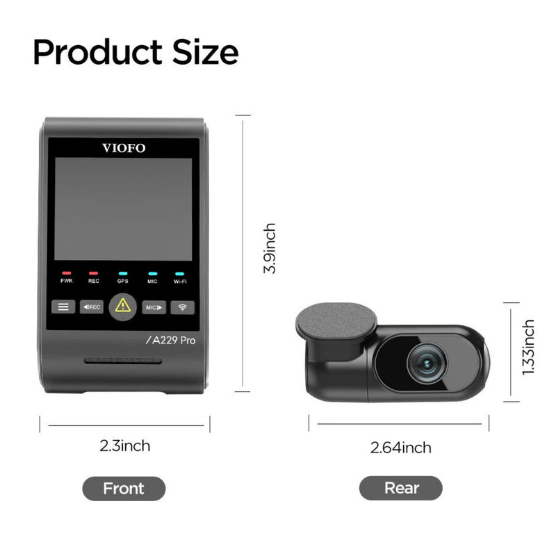 VIOFO A229 Pro dash cam with front and rear views and dimensions on a white background