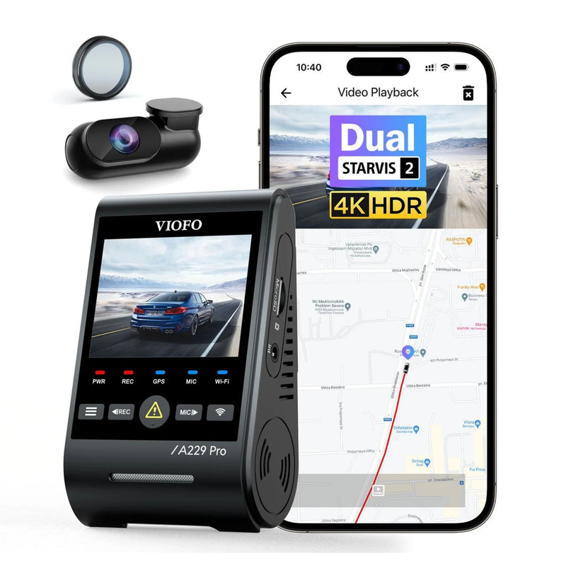 Viofo A229 Pro Car dashboard camera with smartphone displaying app interface on a white background
