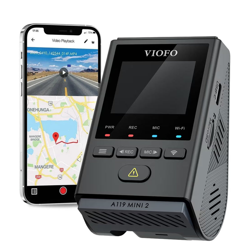 VIOFO A119 mini 2 car dashboard camera with smartphone displaying video playback on a white background