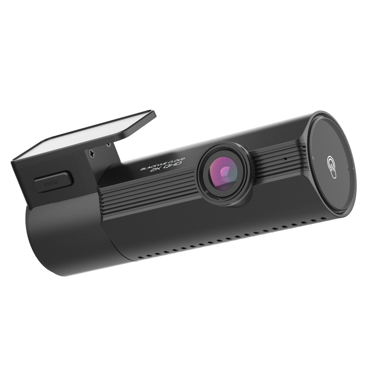 Black car dashboard camera with lens on a white background