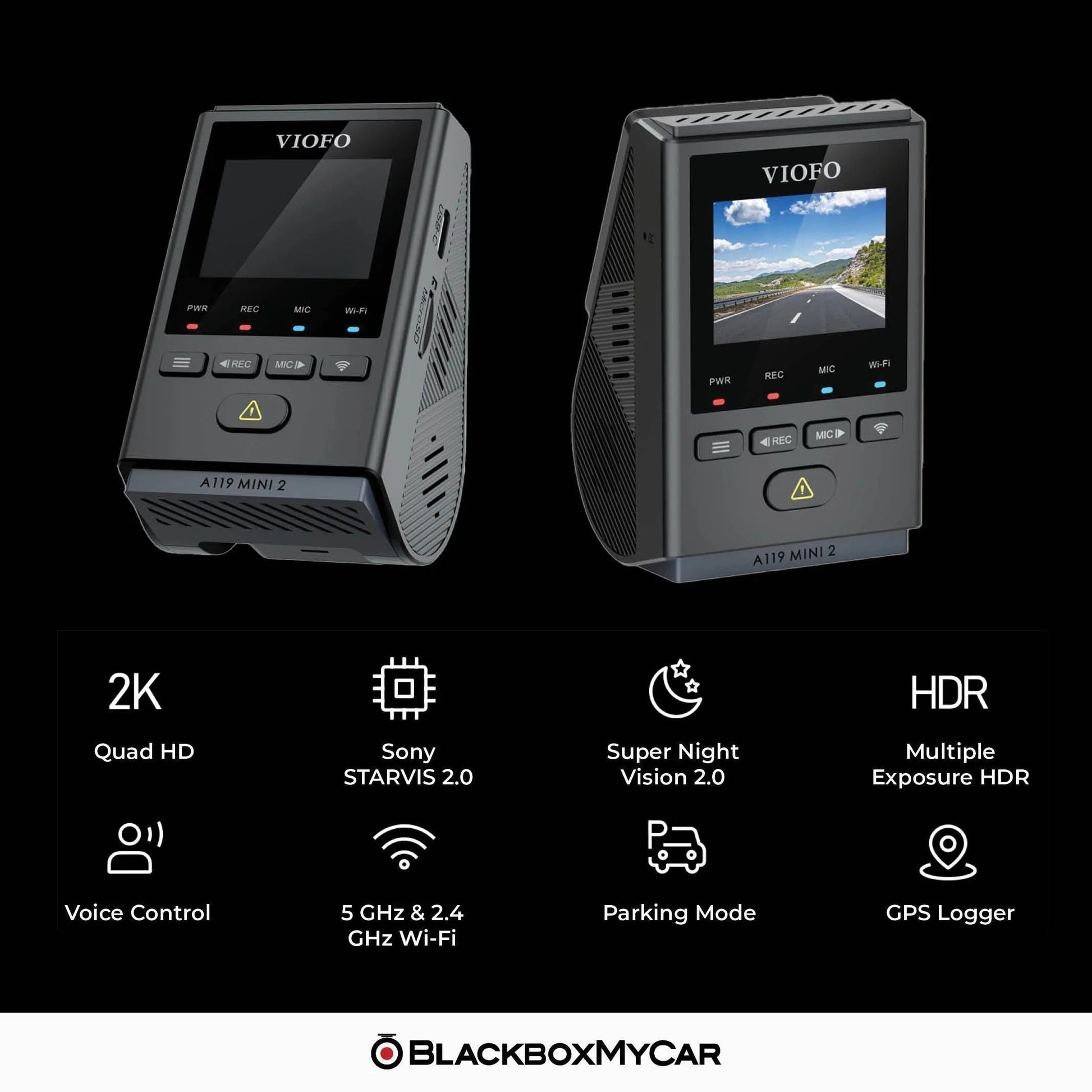 Two VIOFO A119 Mini 2 car dashcams with features listed on a black background