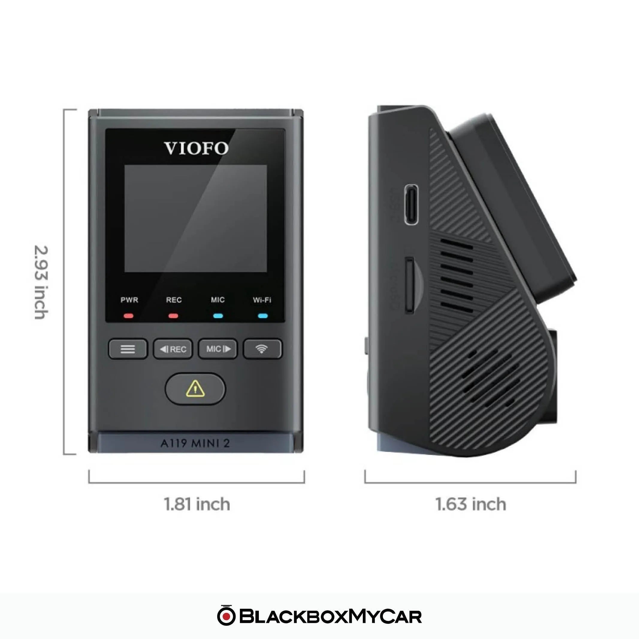 VIOFO A119 MINI 2 dashboard camera with dimensions and BlackboxMyCar branding.