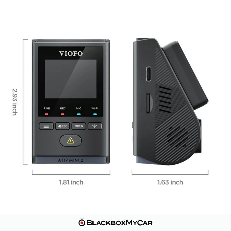 VIOFO A119 MINI 2 dashboard camera with dimensions and BlackboxMyCar branding.
