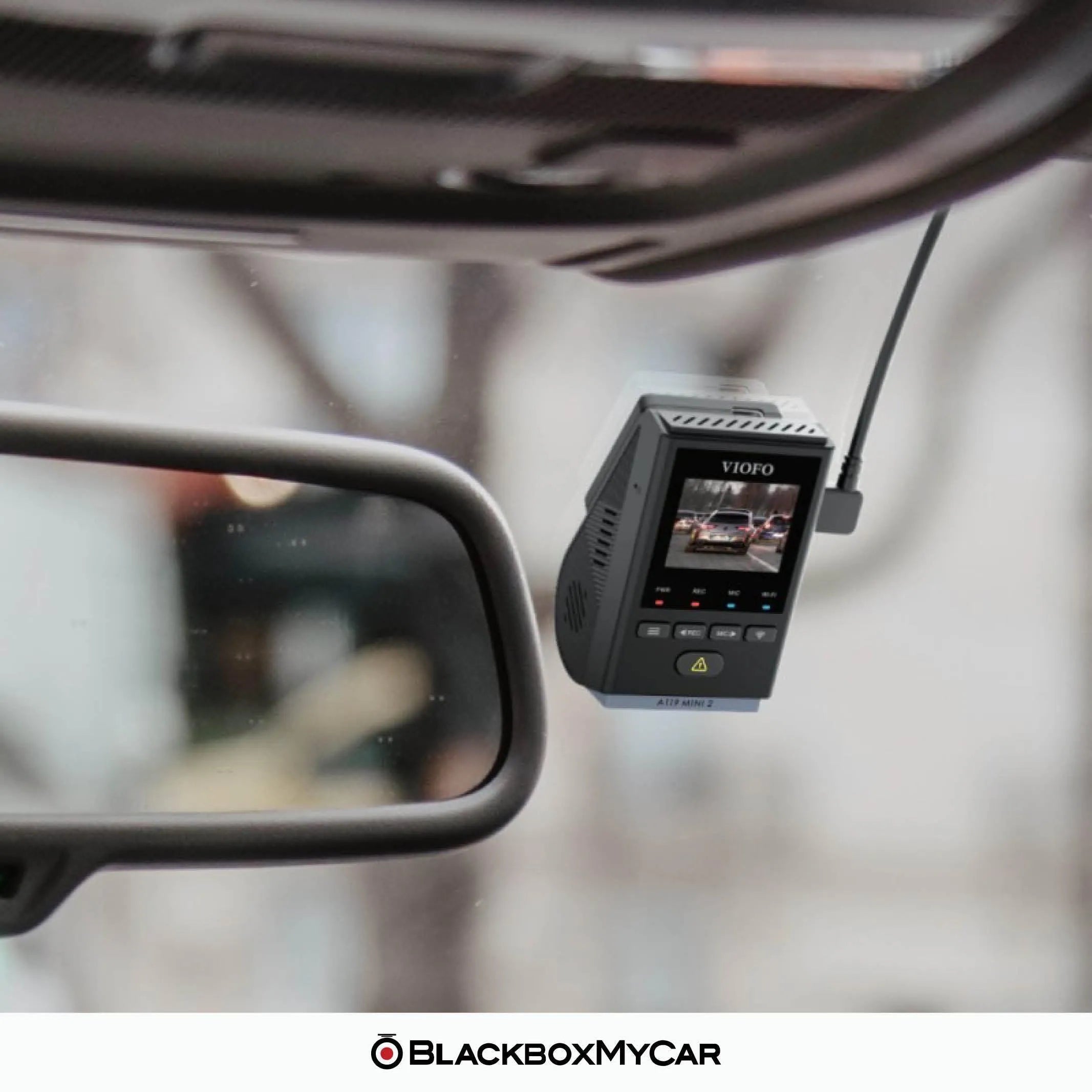 Viofo A119 Mini 2 Car dashboard camera mounted inside a vehicle, with 'BlackBoxMyCar' branding.