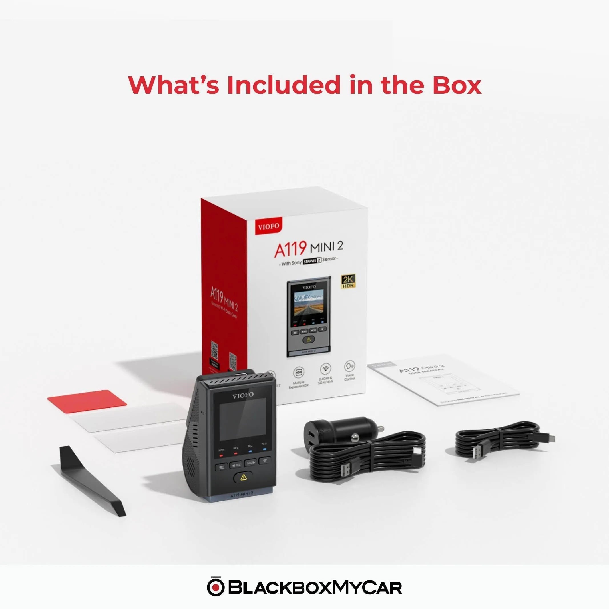 Viofo A119 Mini 2 box with accessories on a white background