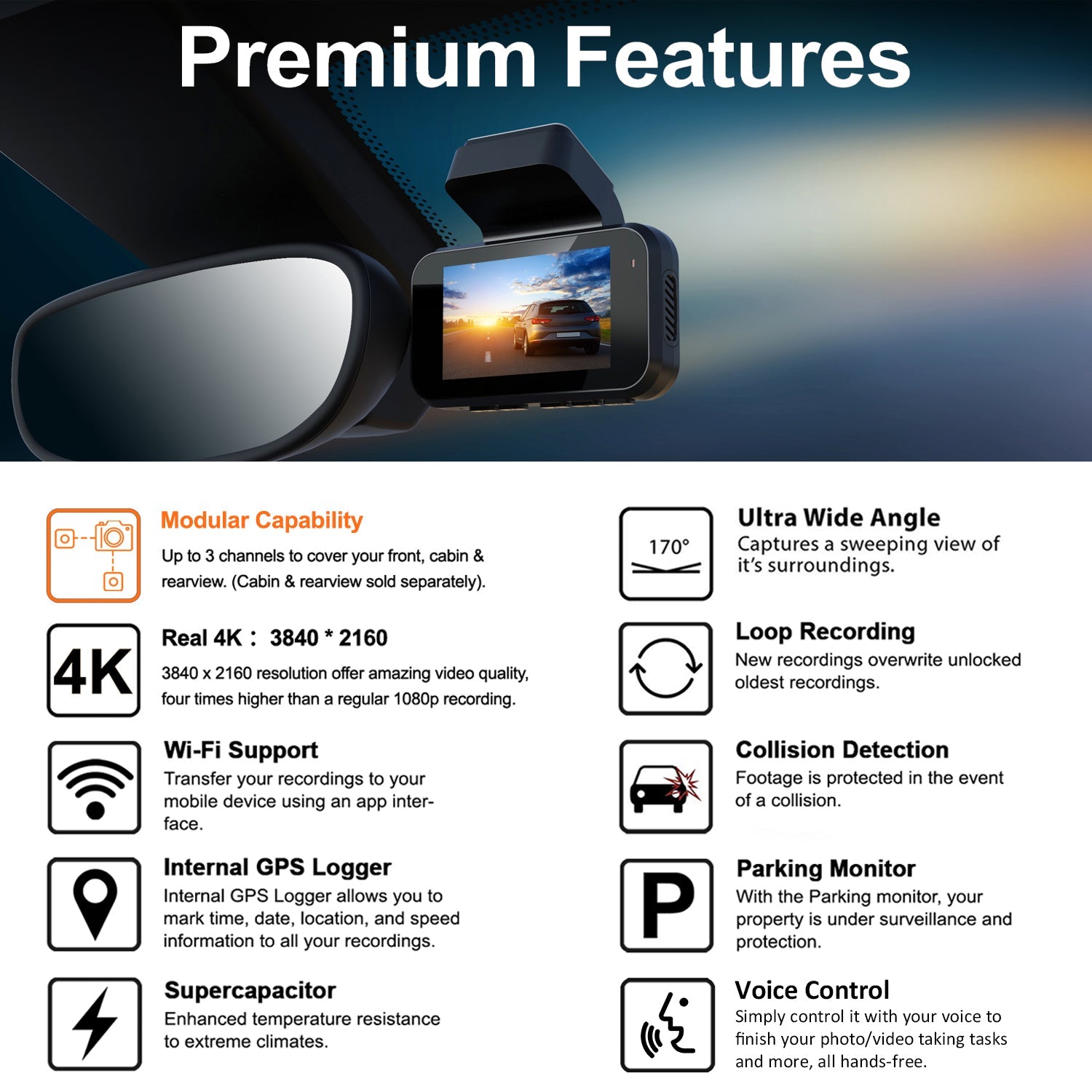 REXING V5C Plus Dash Cam Front 4K & 1080p Cabin Camera w/ Modular Capabilities, WiFi, and GPS