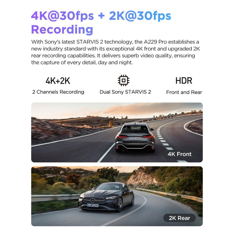 Advertisement for Viofo A229 Pro camera with text about 4K+2K recording and dual Sony STARVIS 2 technology.
