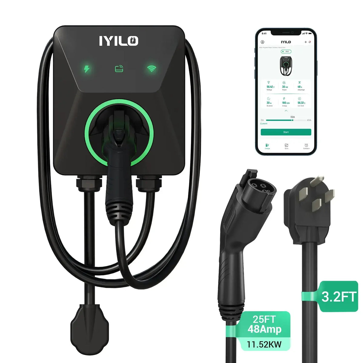 IYILO Level 2 EV Charger 40A Plug-In NEMA 14-50 J1772 - Wall Mounted, Hardwire to 48A