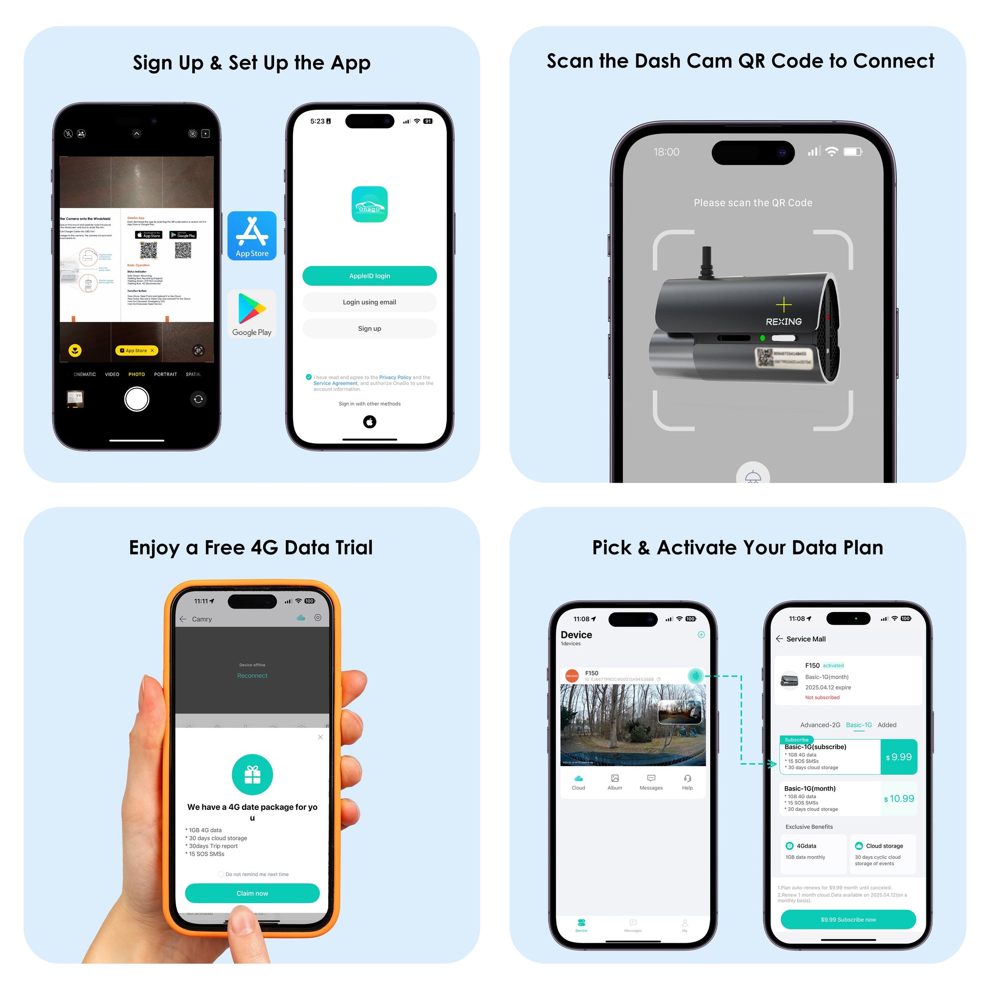 Rexing 4G LTE Step-by-step guide on setting up an app with smartphone screenshots on a light blue background