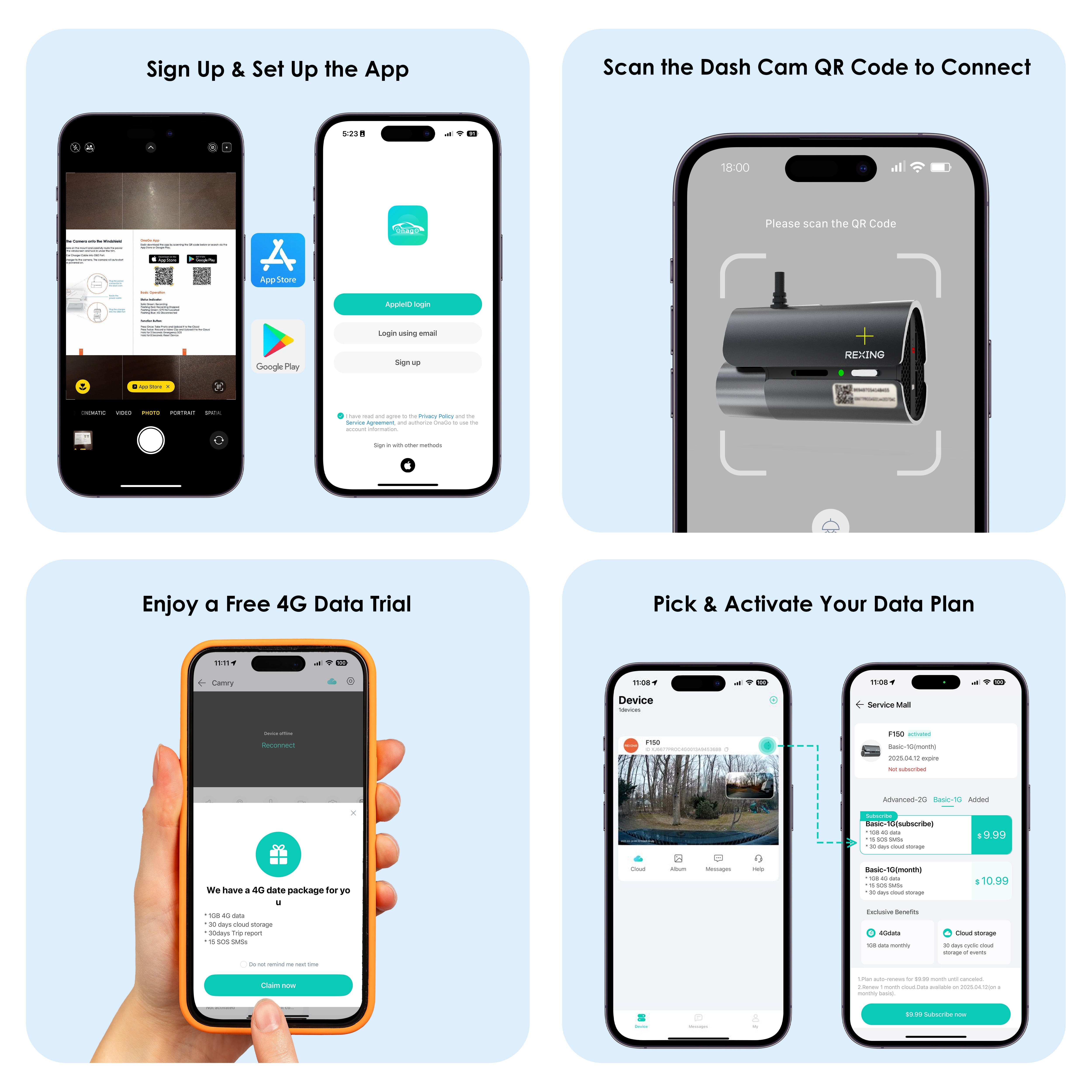 Rexing 4G LTE Step-by-step guide on setting up an app with smartphone screenshots on a light blue background