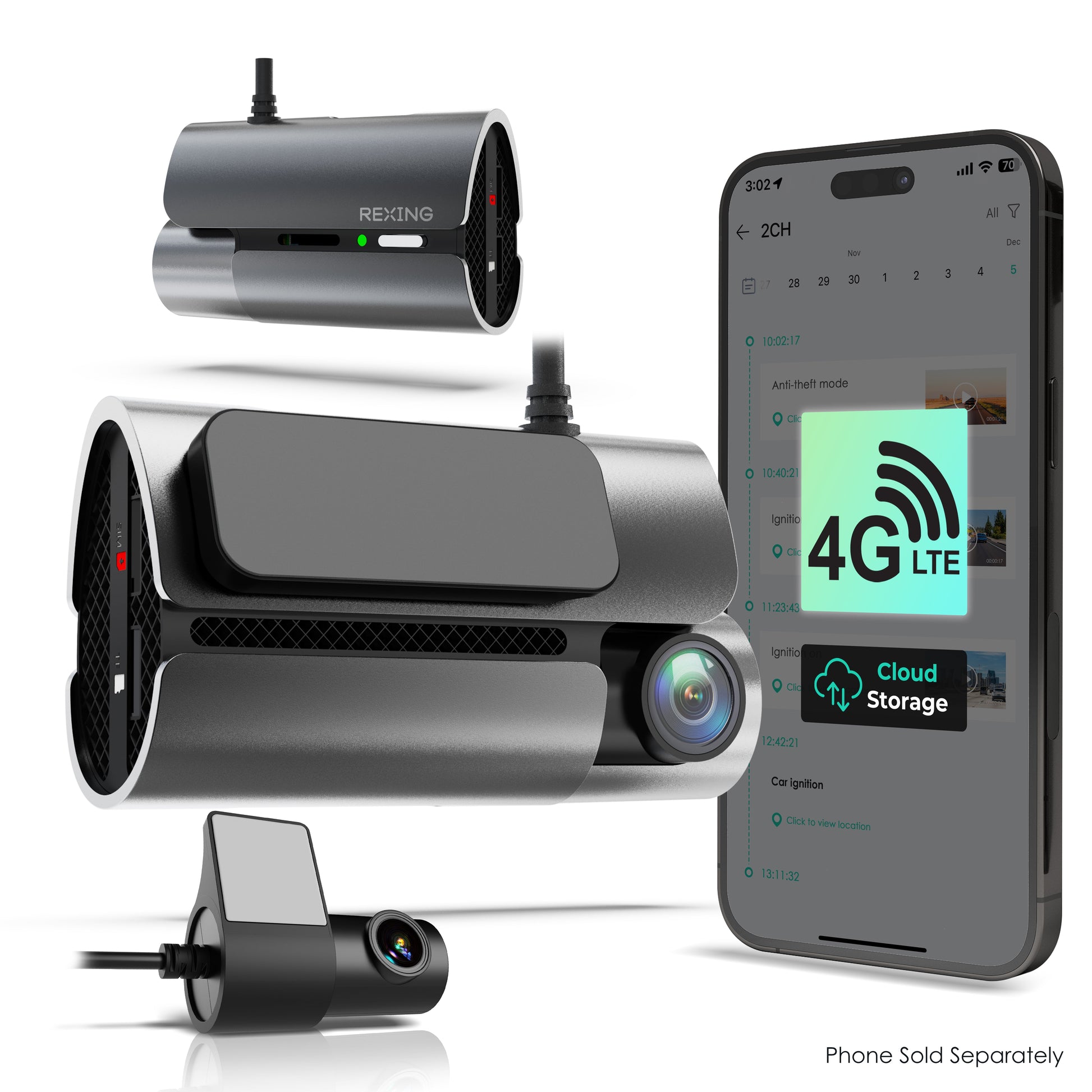 Rexing Car dashboard camera with 4G LTE connectivity and smartphone displaying app interface on a white background