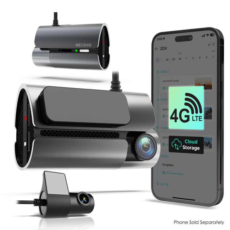 Rexing Car dashboard camera with 4G LTE connectivity and smartphone displaying app interface on a white background