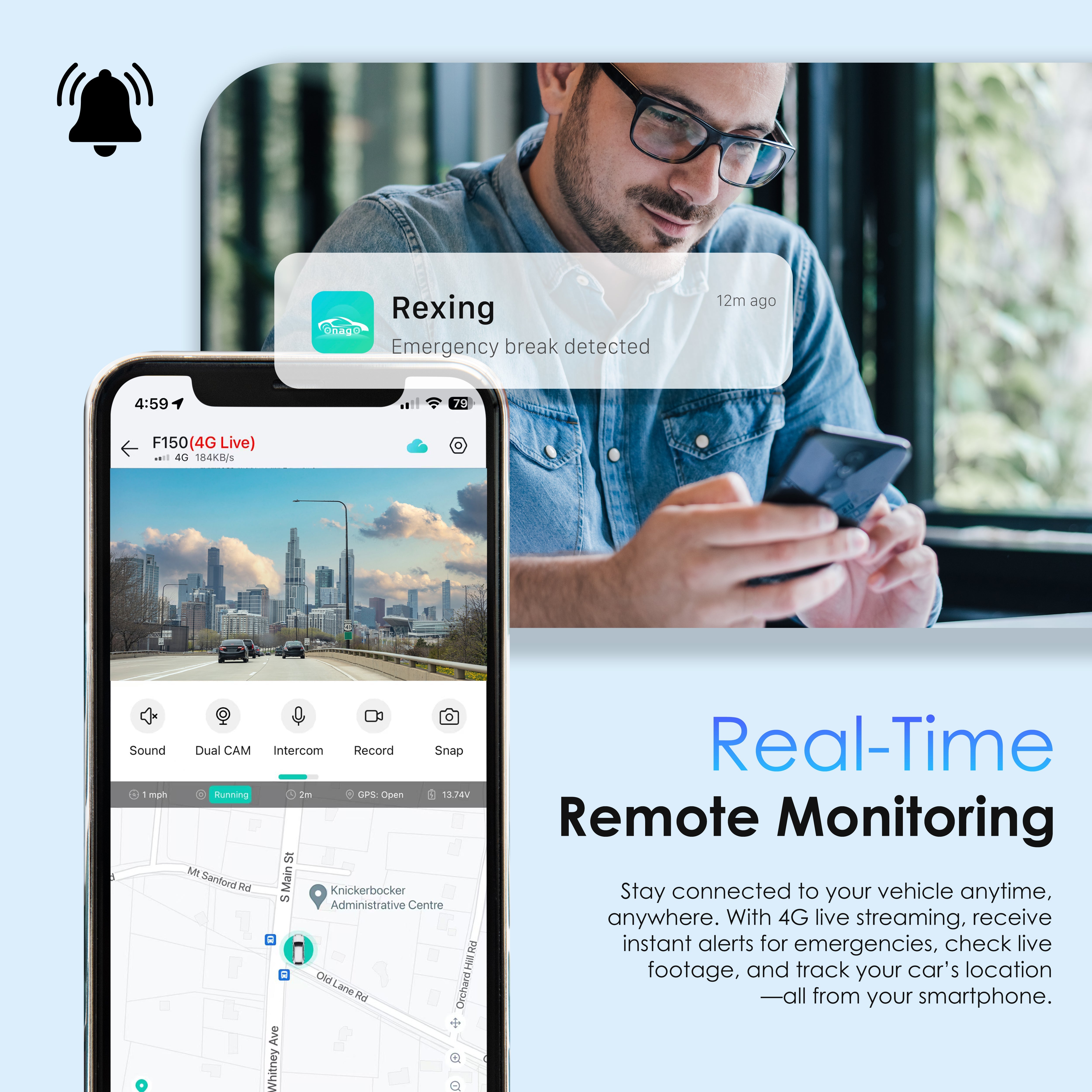 4G LTE with Person using a smartphone with a vehicle monitoring app, featuring the brand 'Rexing'.