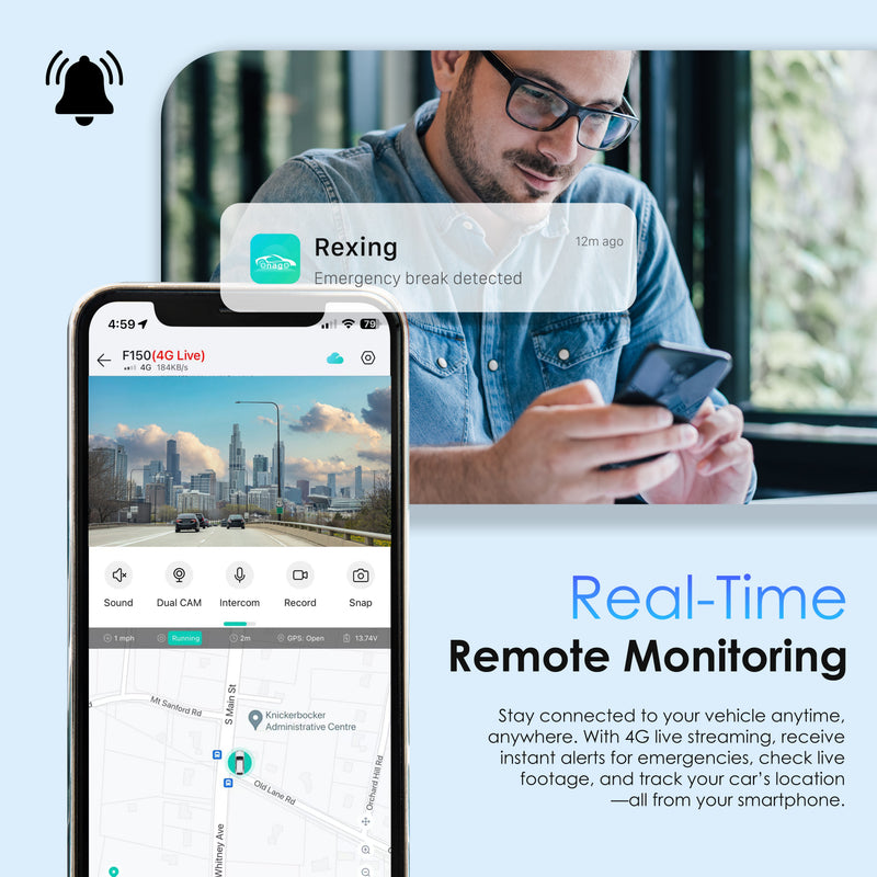 4G LTE with Person using a smartphone with a vehicle monitoring app, featuring the brand 'Rexing'.