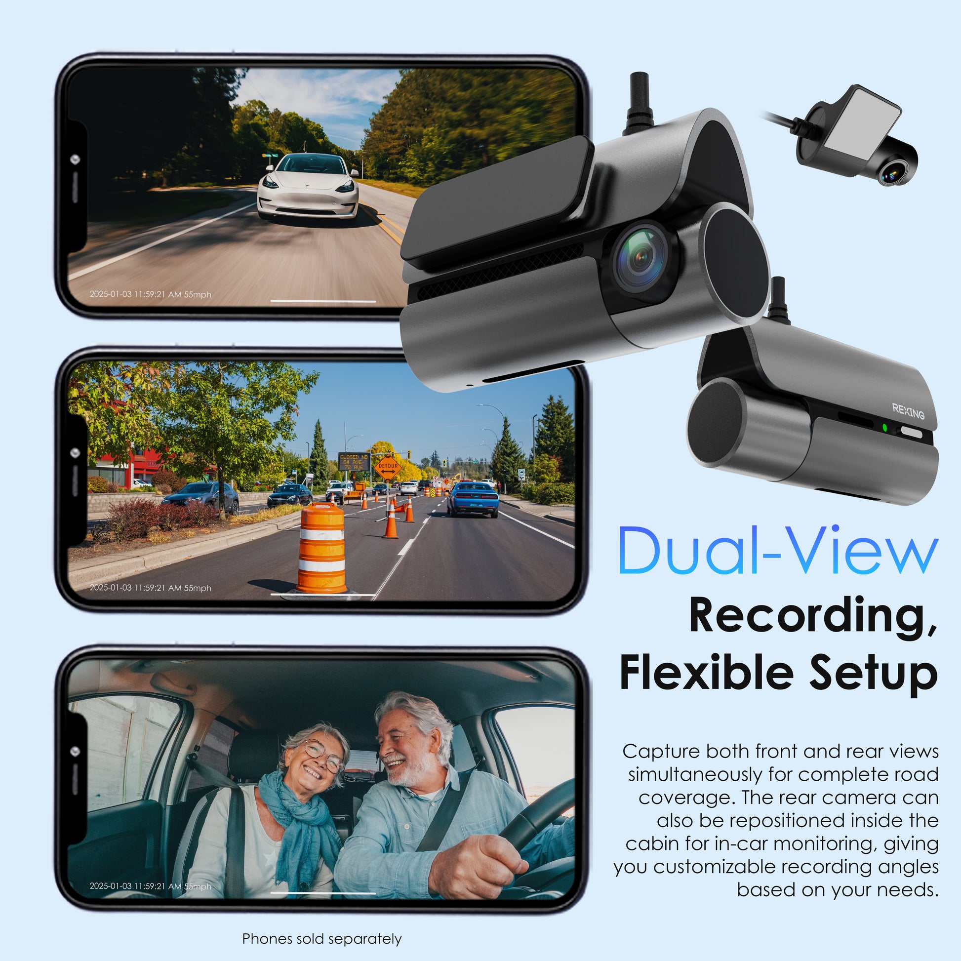 Rexing 4G LTE Car camera system with dual-view recording feature on a light blue background