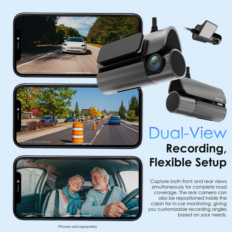Rexing 4G LTE Car camera system with dual-view recording feature on a light blue background