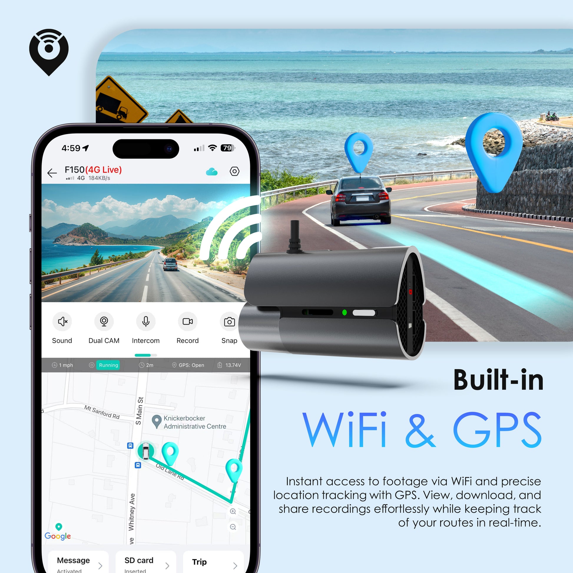 Rexing 4G LTE with Smartphone displaying a traffic app with a car on a road and a device labeled 'Built-in WiFi & GPS' in the foreground.