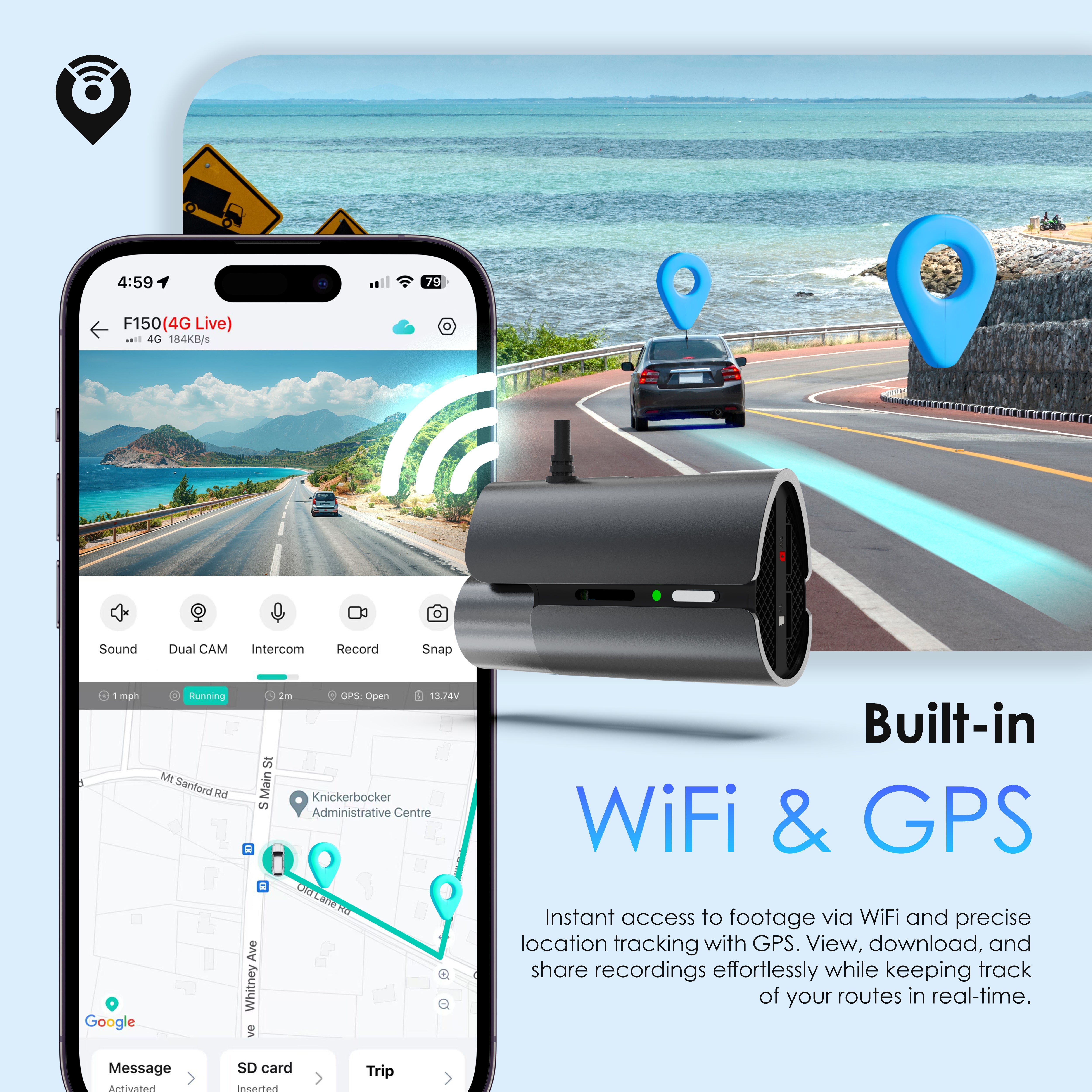 Rexing 4G LTE with Smartphone displaying a traffic app with a car on a road and a device labeled 'Built-in WiFi & GPS' in the foreground.