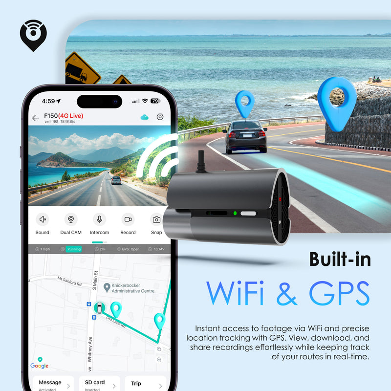 Rexing 4G LTE with Smartphone displaying a traffic app with a car on a road and a device labeled 'Built-in WiFi & GPS' in the foreground.