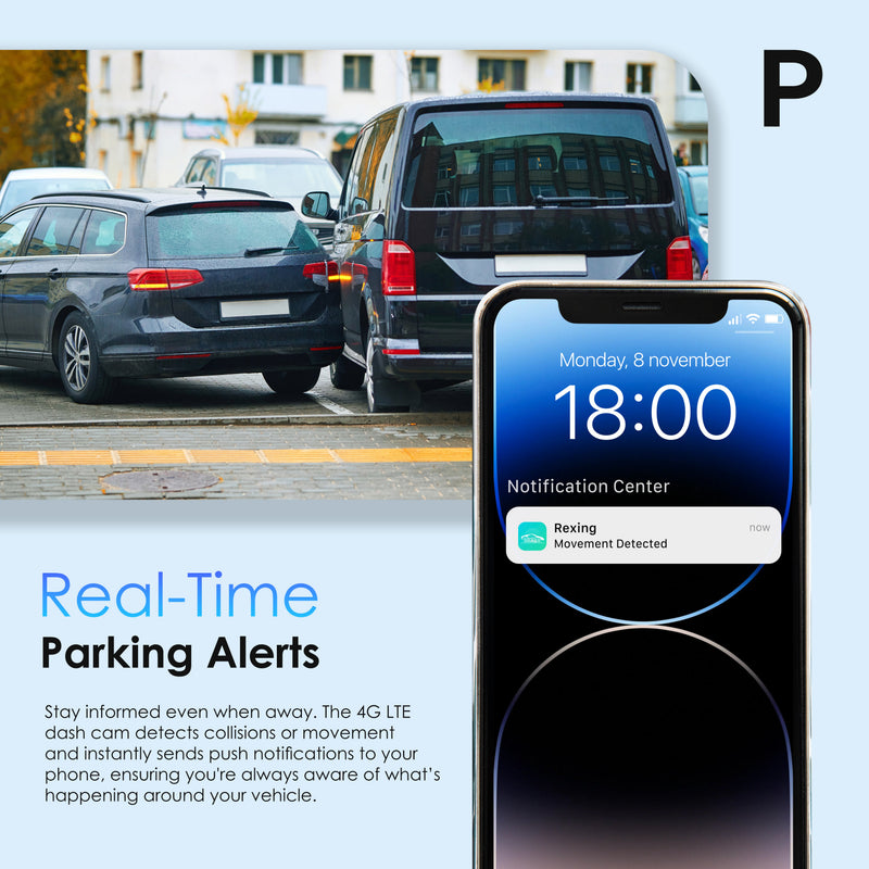 Rexing 4G LTE Phone displaying real-time parking alert with cars in a traffic jam in the background
