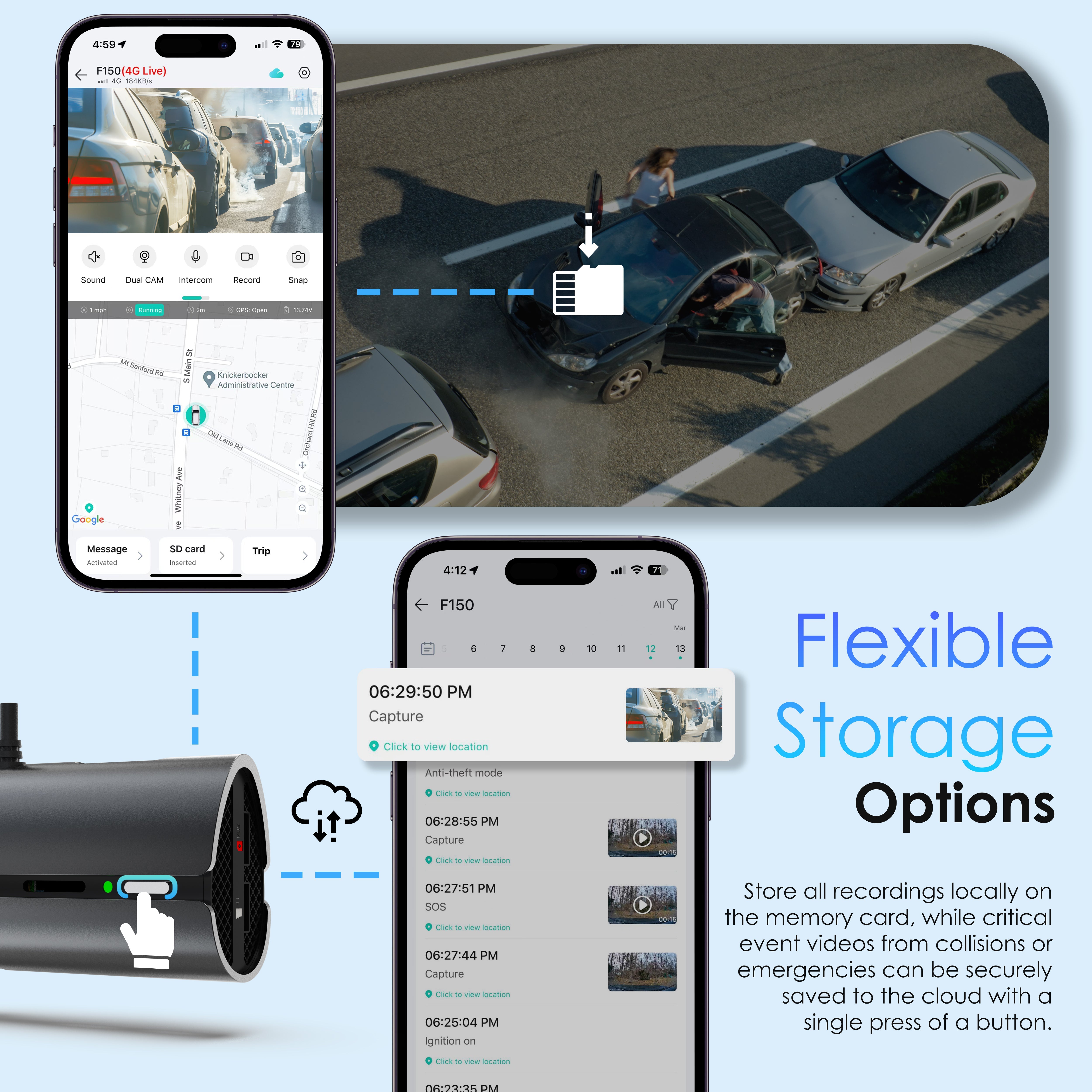 Rexing 4G LTE Car accident scene with a smartphone app interface and storage options text.
