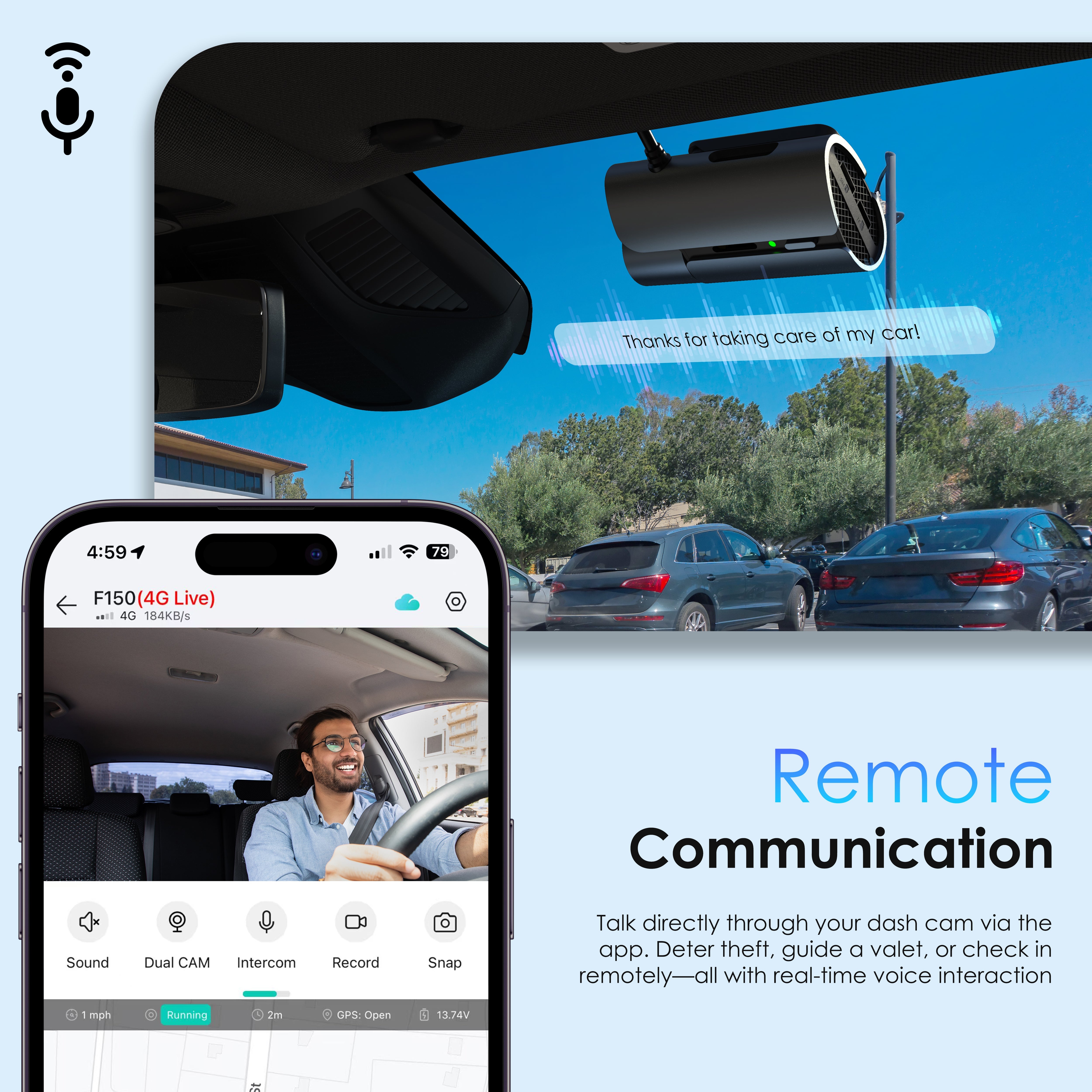 Rexing 4G LTE Car dashboard with camera, smartphone displaying app interface, and outdoor scene with cars and trees.