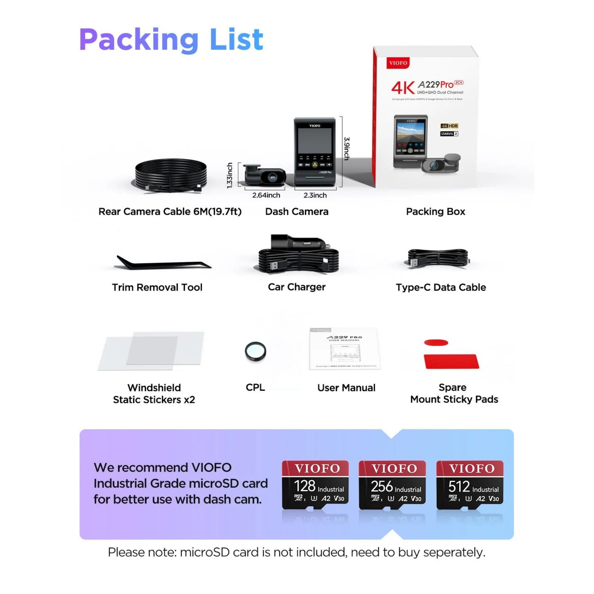 Packing list for a Viofo A229 Pro dash camera system with various components and accessories.