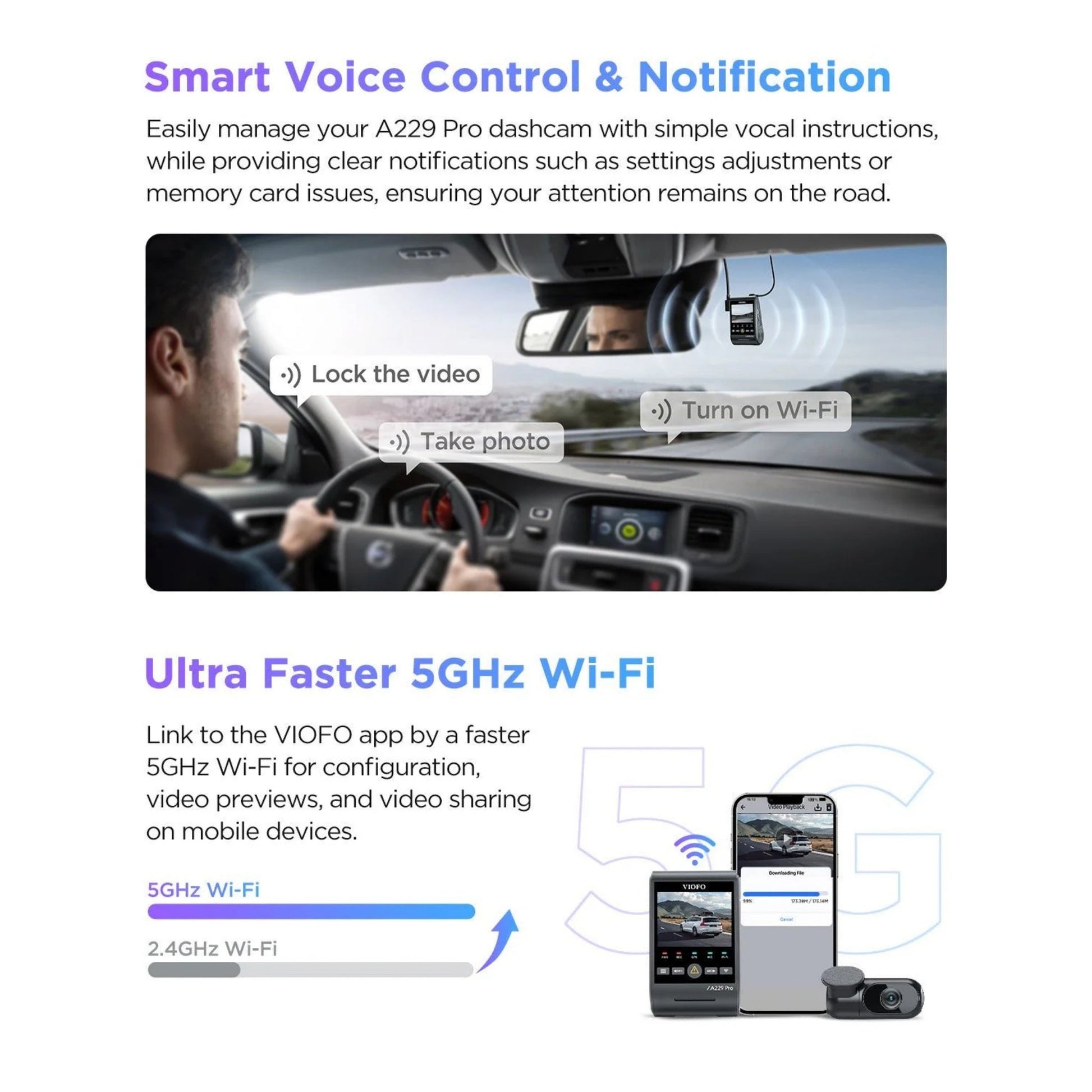 Car dashboard with a Viofo A229 Pro dashcam, showing smart voice control and 5GHz Wi-Fi features.
