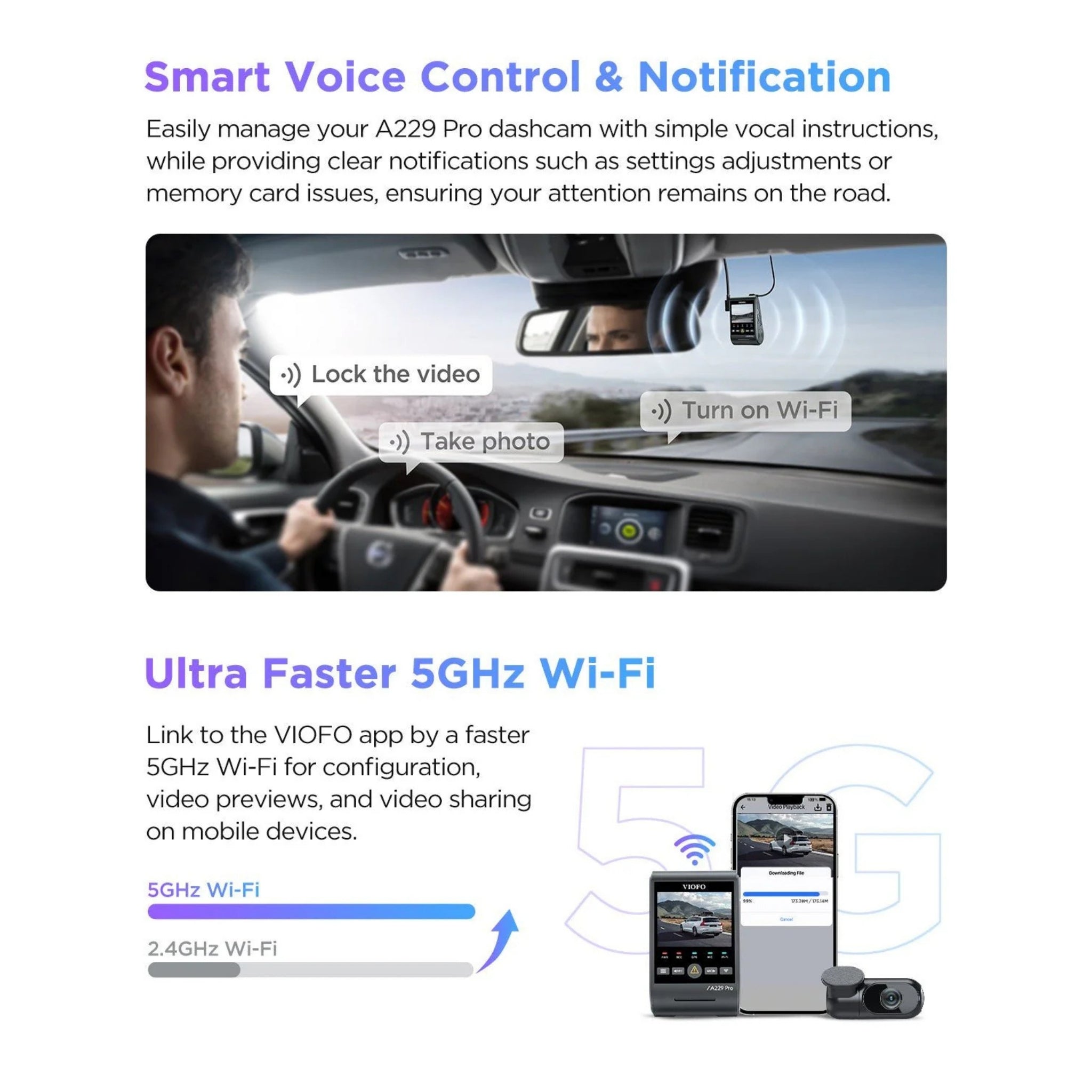 Car dashboard with a Viofo A229 Pro dashcam, showing smart voice control and 5GHz Wi-Fi features.