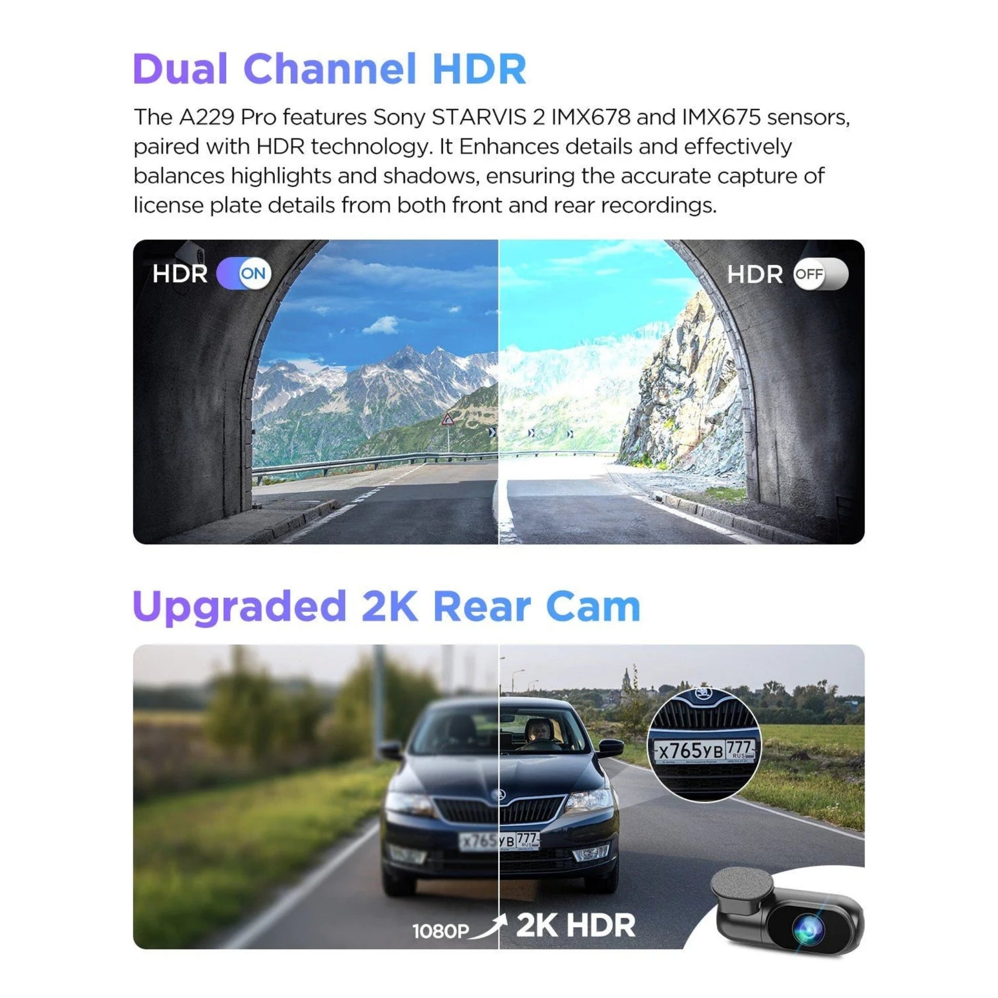 Viofo A229 Pro with Dual Channel HDR technology display with mountain road and car scene, featuring Sony STARVIS sensors