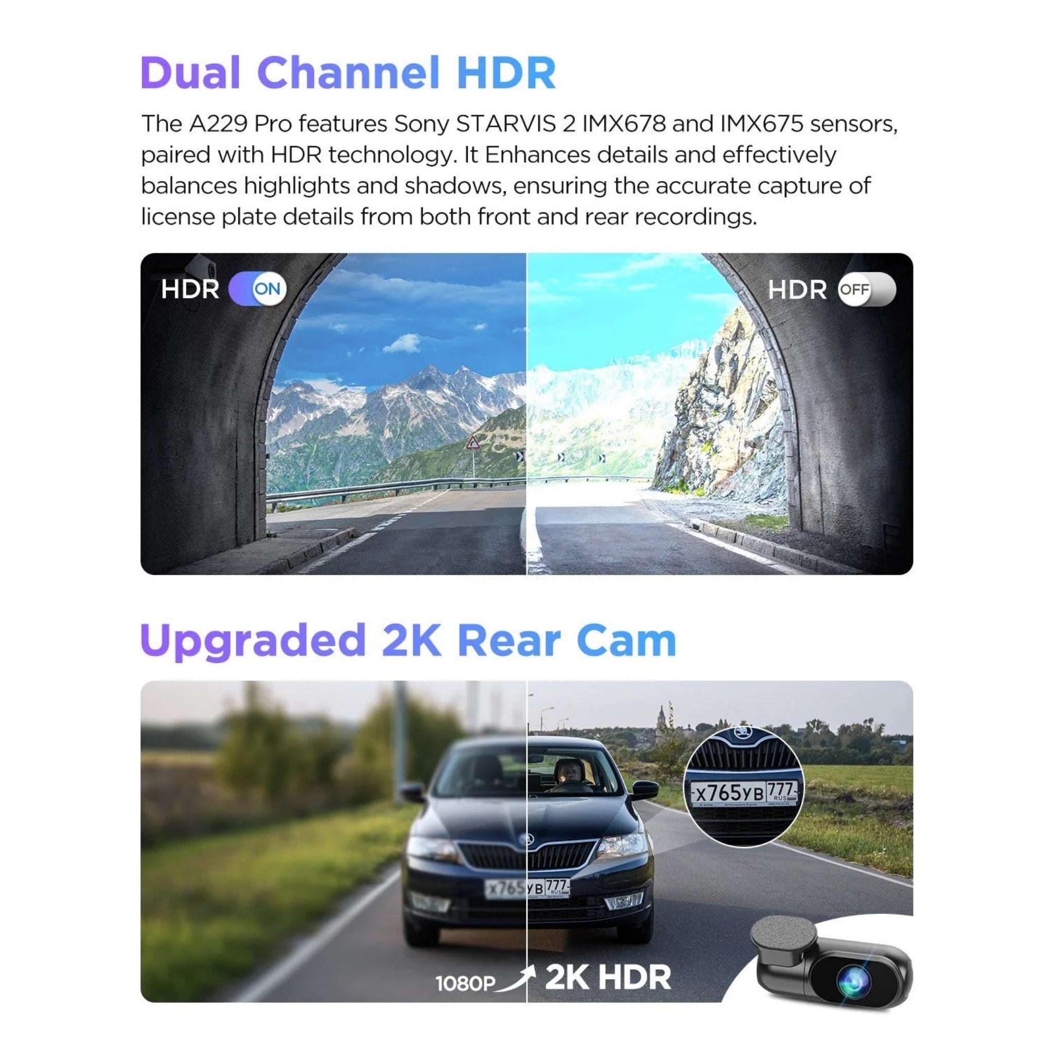 Viofo A229 Pro with Dual Channel HDR technology display with mountain road and car scene, featuring Sony STARVIS sensors
