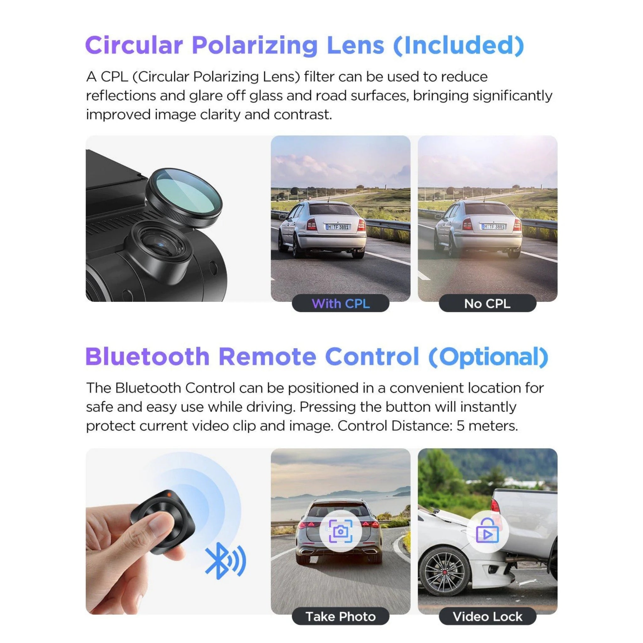 Viofo A229 Pro Product page with circular polarizing lens and Bluetooth remote control for a camera or similar device.