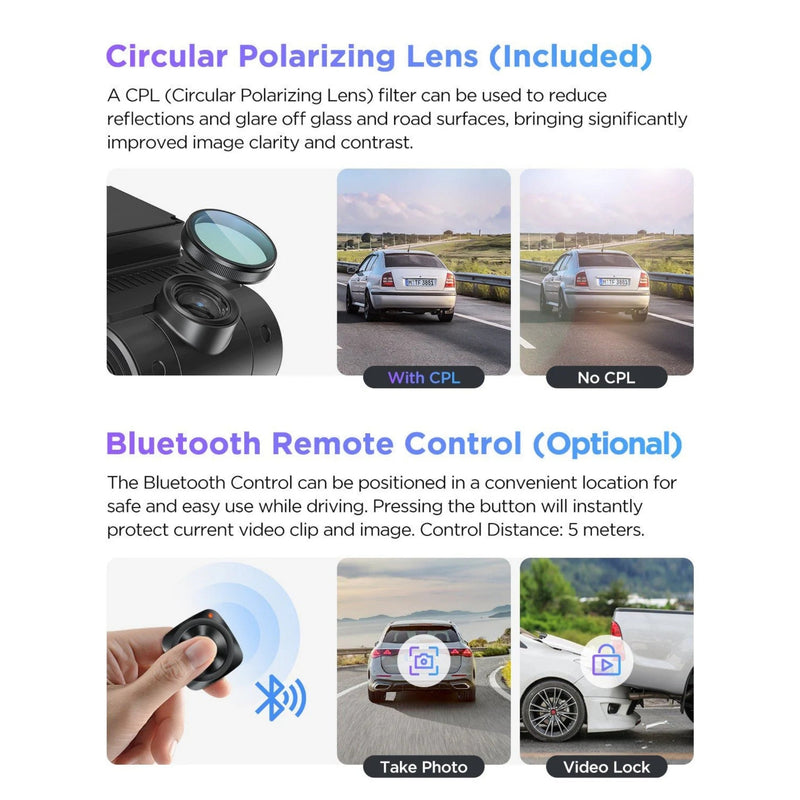Viofo A229 Pro Product page with circular polarizing lens and Bluetooth remote control for a camera or similar device.