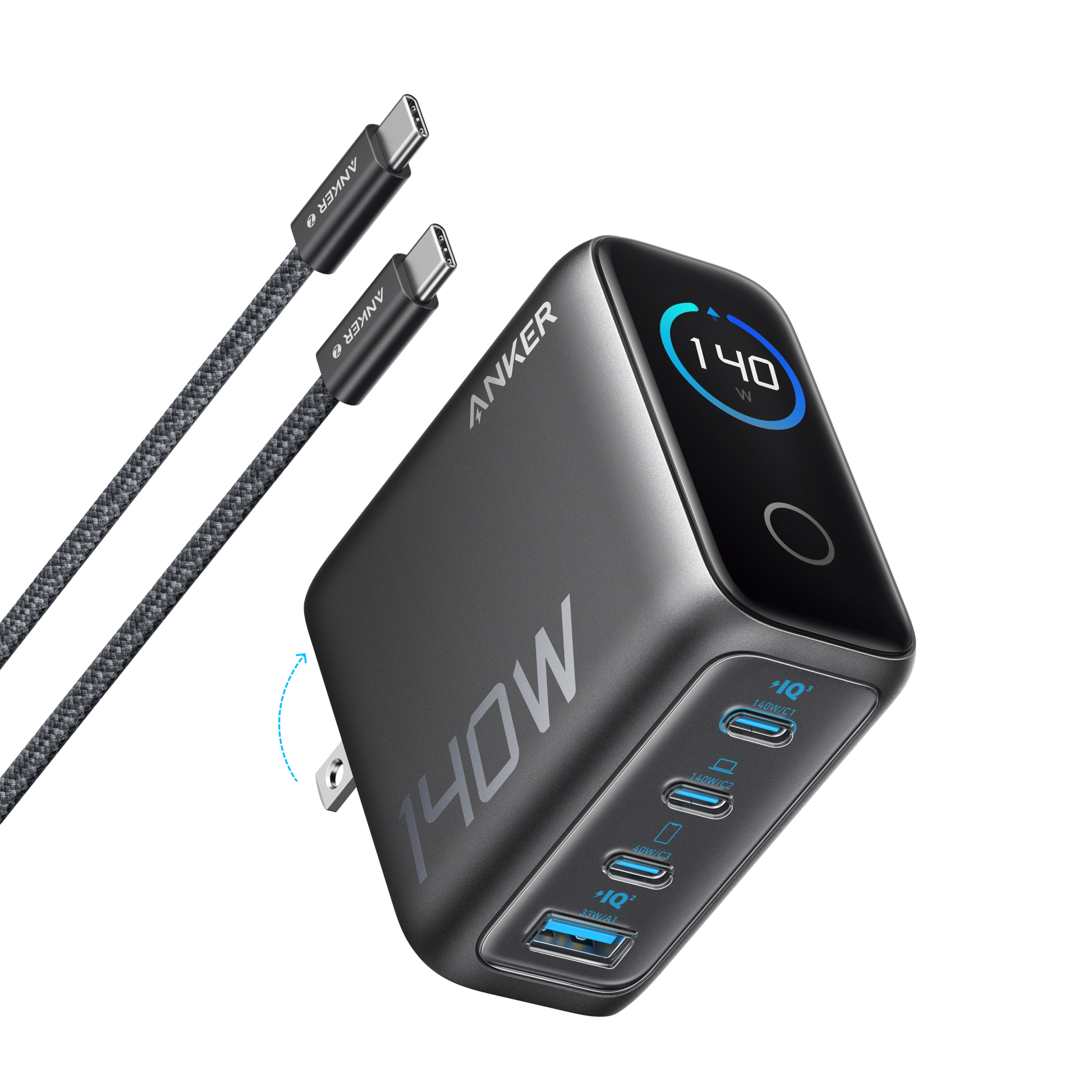 Anker power adapter with multiple USB ports and cables on a white background