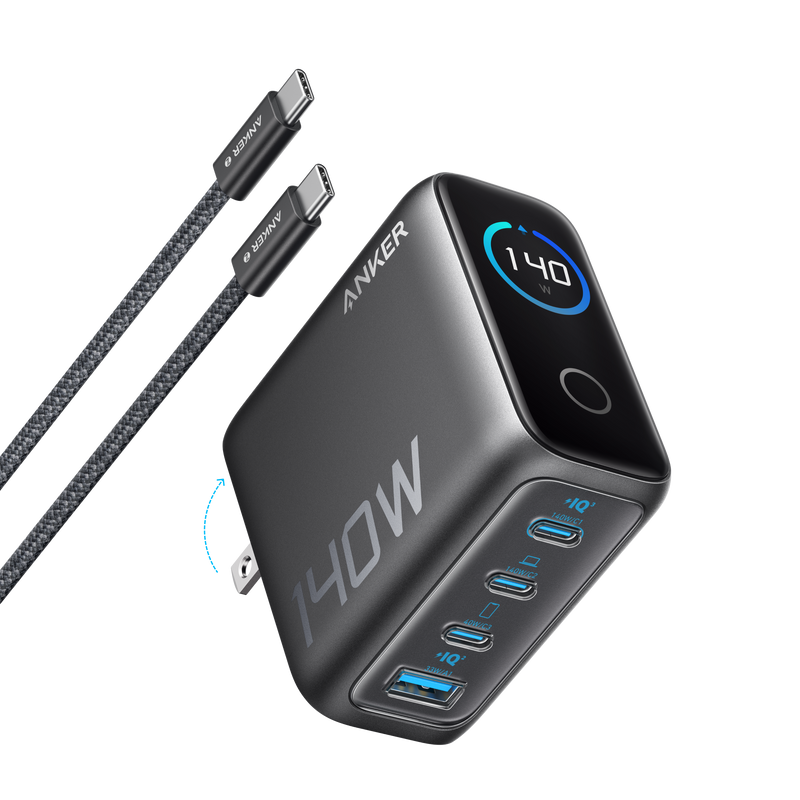 Anker power adapter with multiple USB ports and cables on a white background