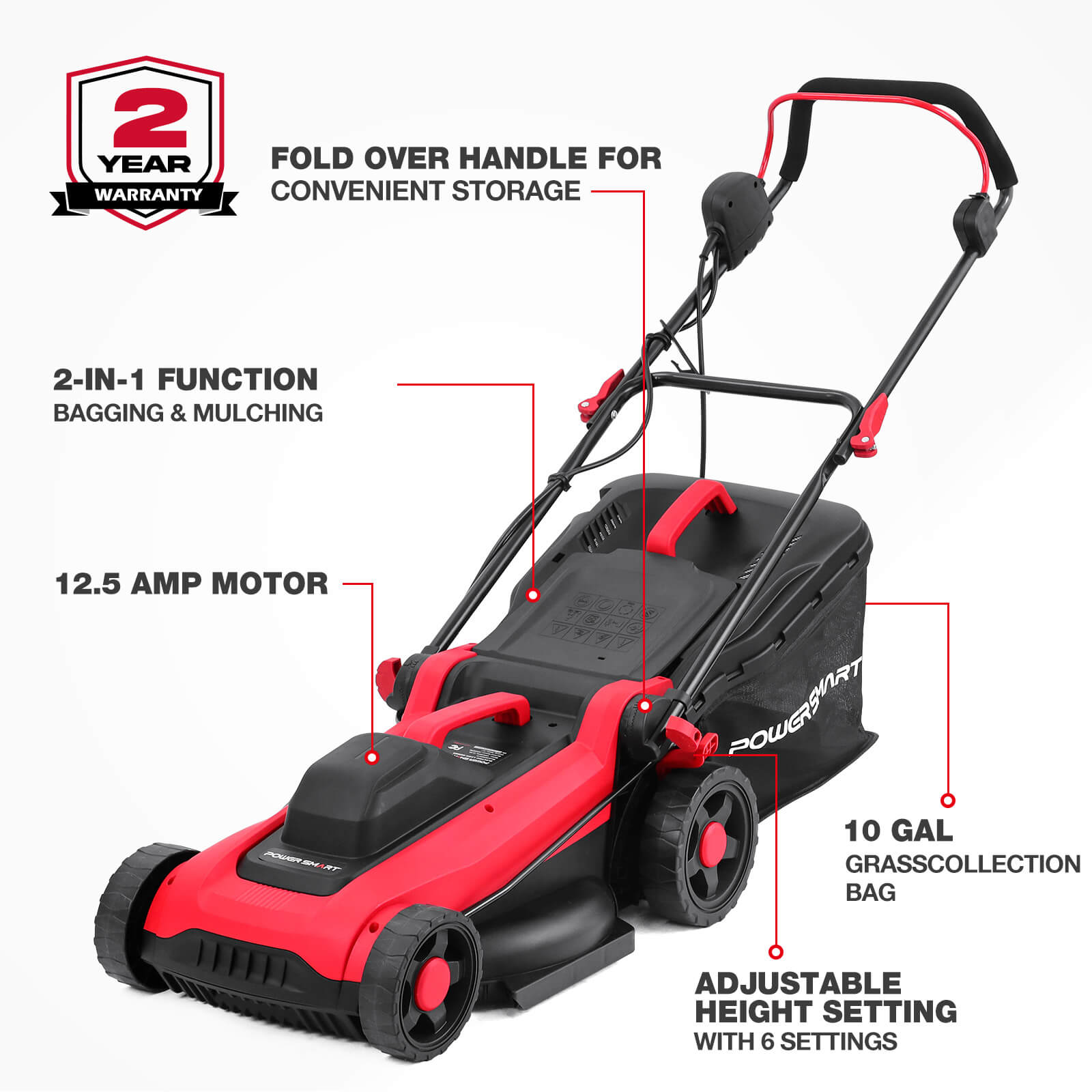 PowerSmart DB8015 14" Electric Corded Push Lawn Mower | 15 Amp, Foldable, Zero Emissions