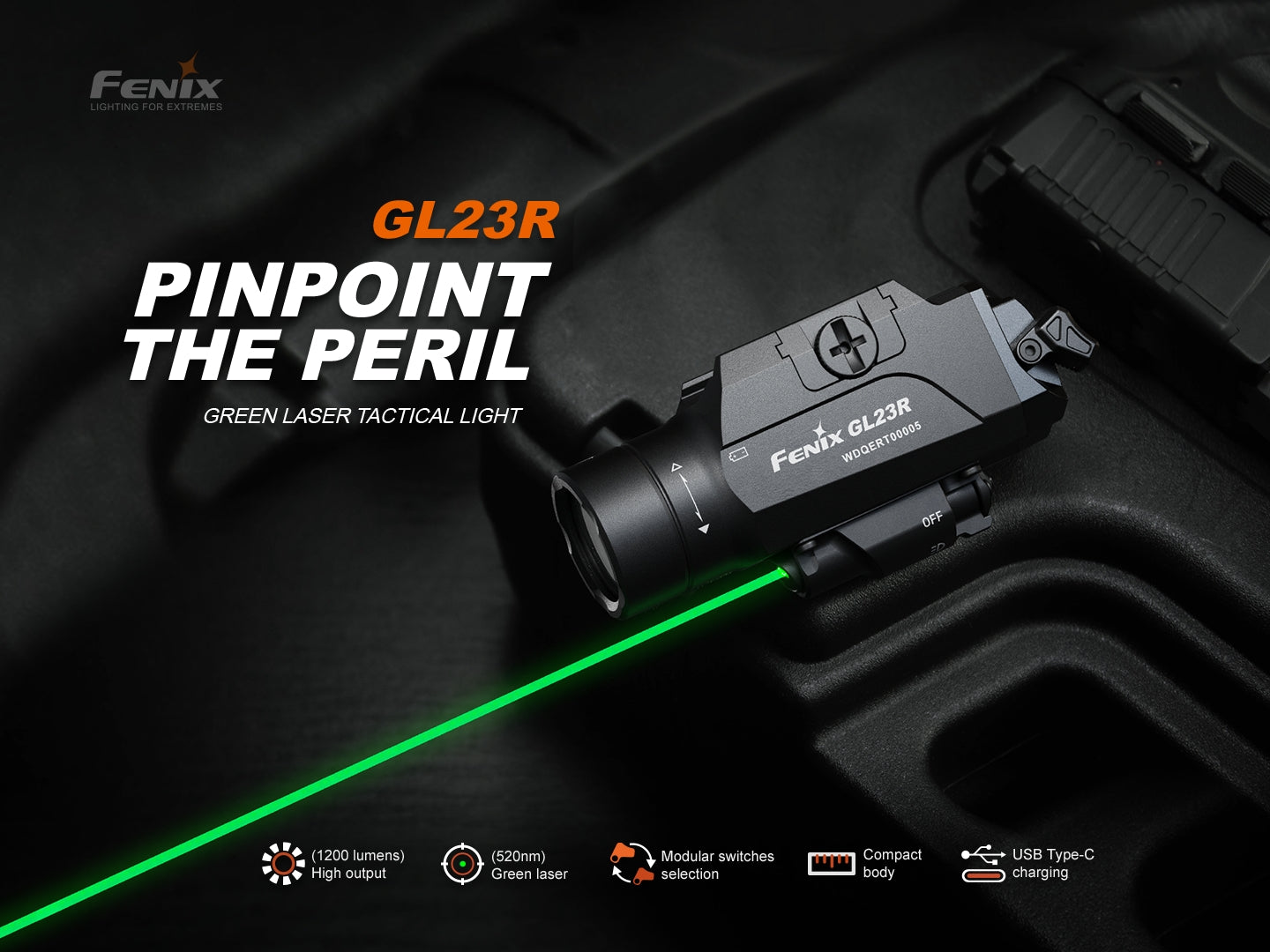 Fenix GL23R Pistol Light | 1200 Lumens + Green Laser, Ambidextrous, Glock & Picatinny