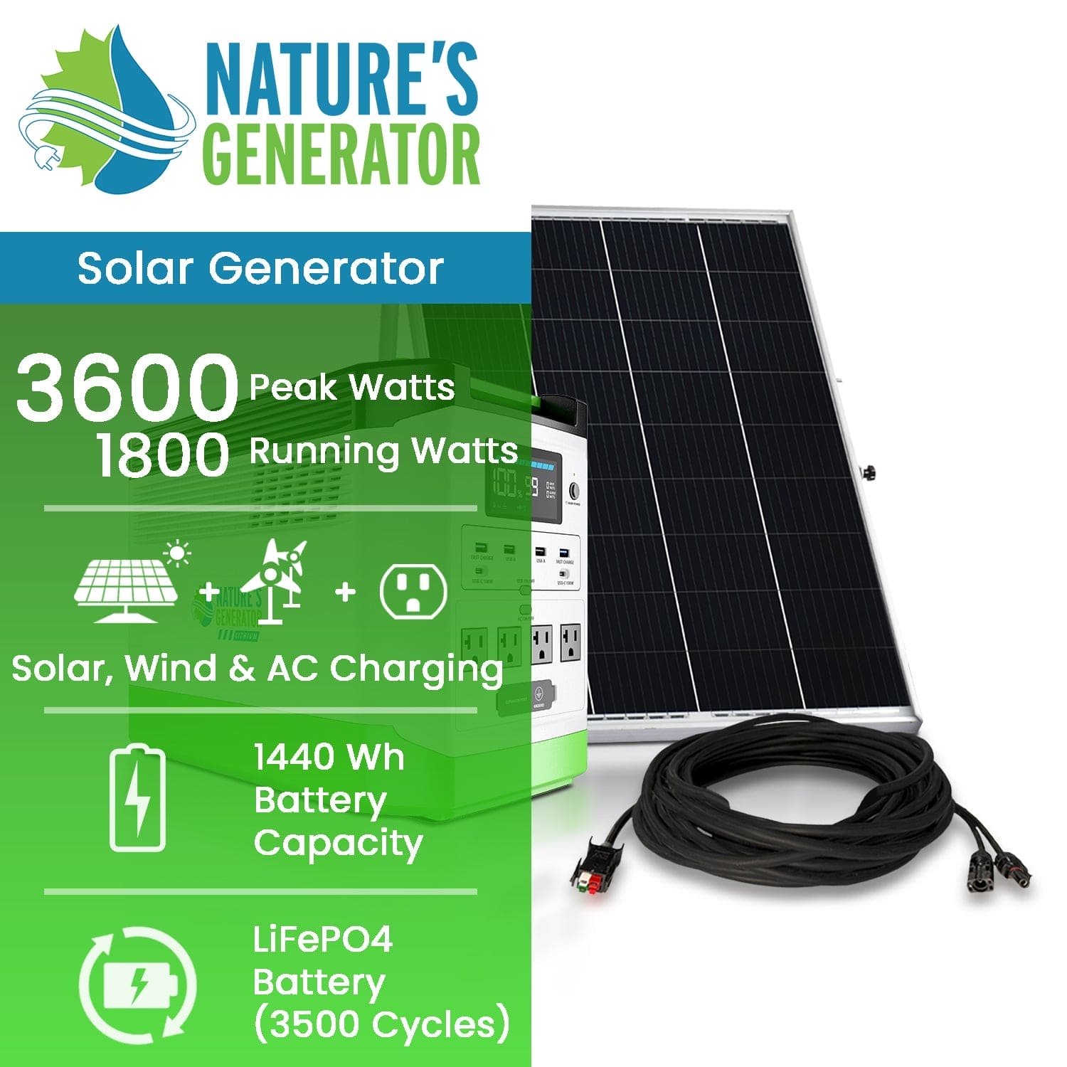 Nature's Generator Lithium 1800 Solar Generator Bundle | 1800W Pure Sine Wave, 1440Wh LiFePO₄, Solar Panel Included