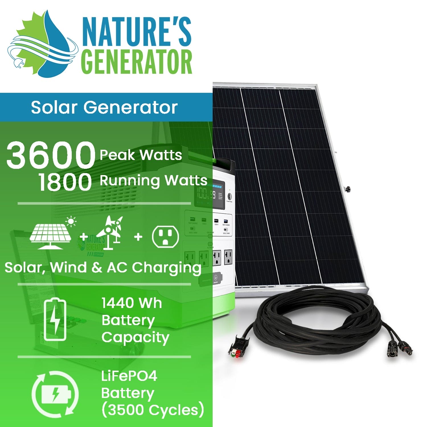 Nature's Generator Lithium 1800 Solar Generator + Transfer Switch | 1800W, 1440Wh LiFePO₄, Home Backup Ready