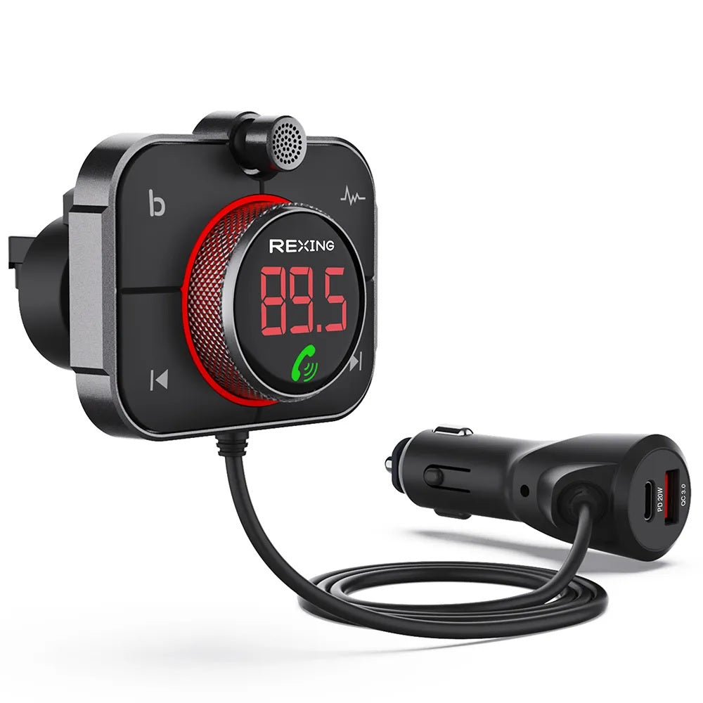 Rexing FMT2 Bluetooth FM Transmitter Car Charger | FM & AUX, QC 3.0, 20W USB-C