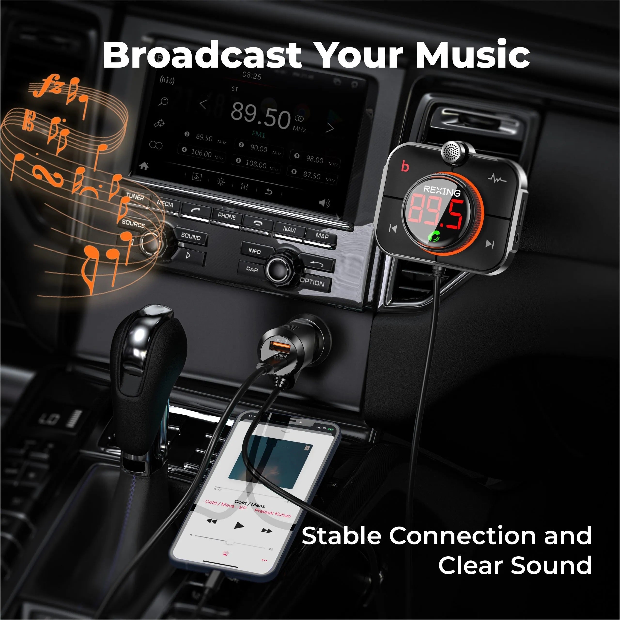 Rexing FMT2 Bluetooth FM Transmitter Car Charger | FM & AUX, QC 3.0, 20W USB-C