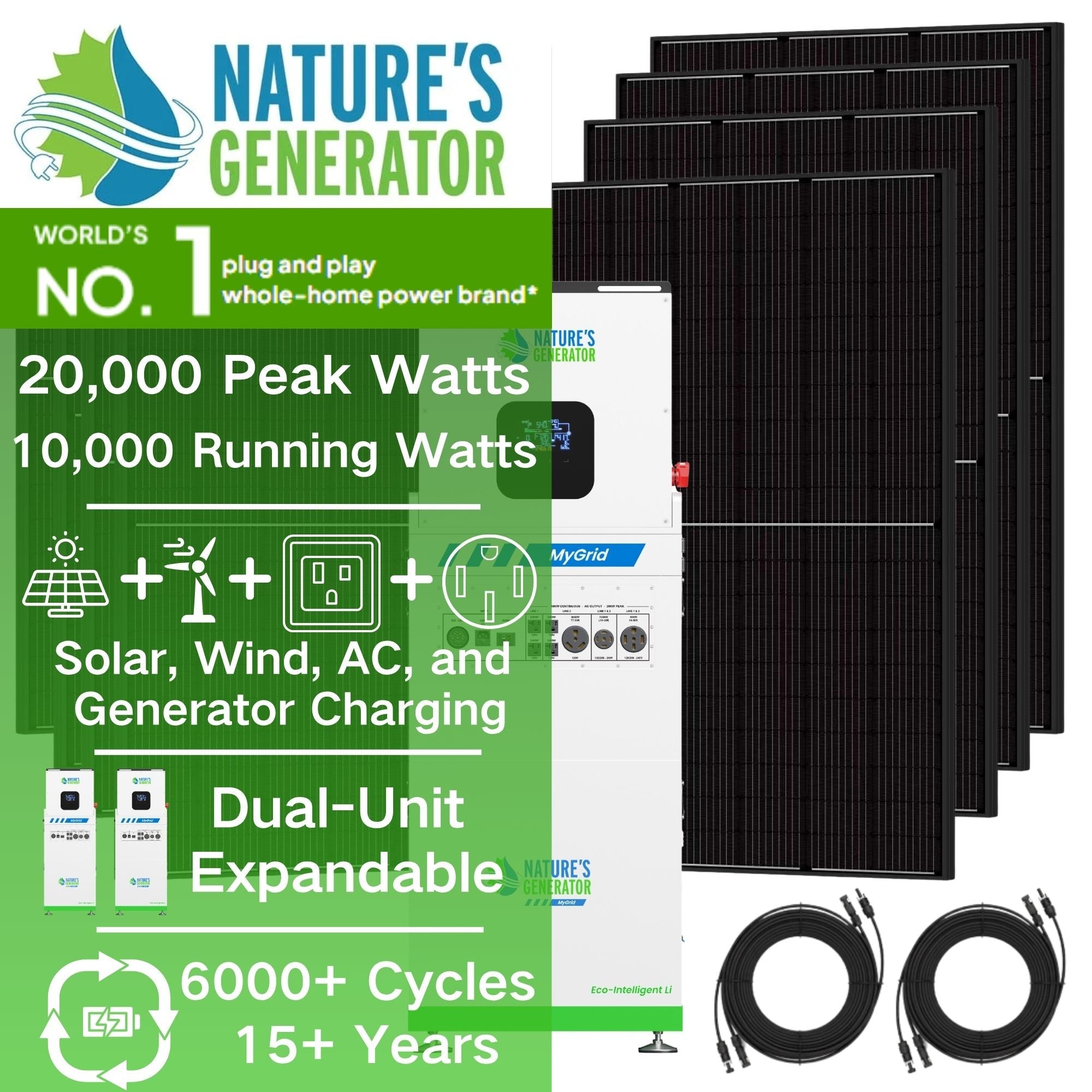 Nature's Generator MyGrid 10K Solar Generator Bundle | 10,000W, 10,496Wh LiFePO₄, Up to 12× 410W Mono PERC Panels