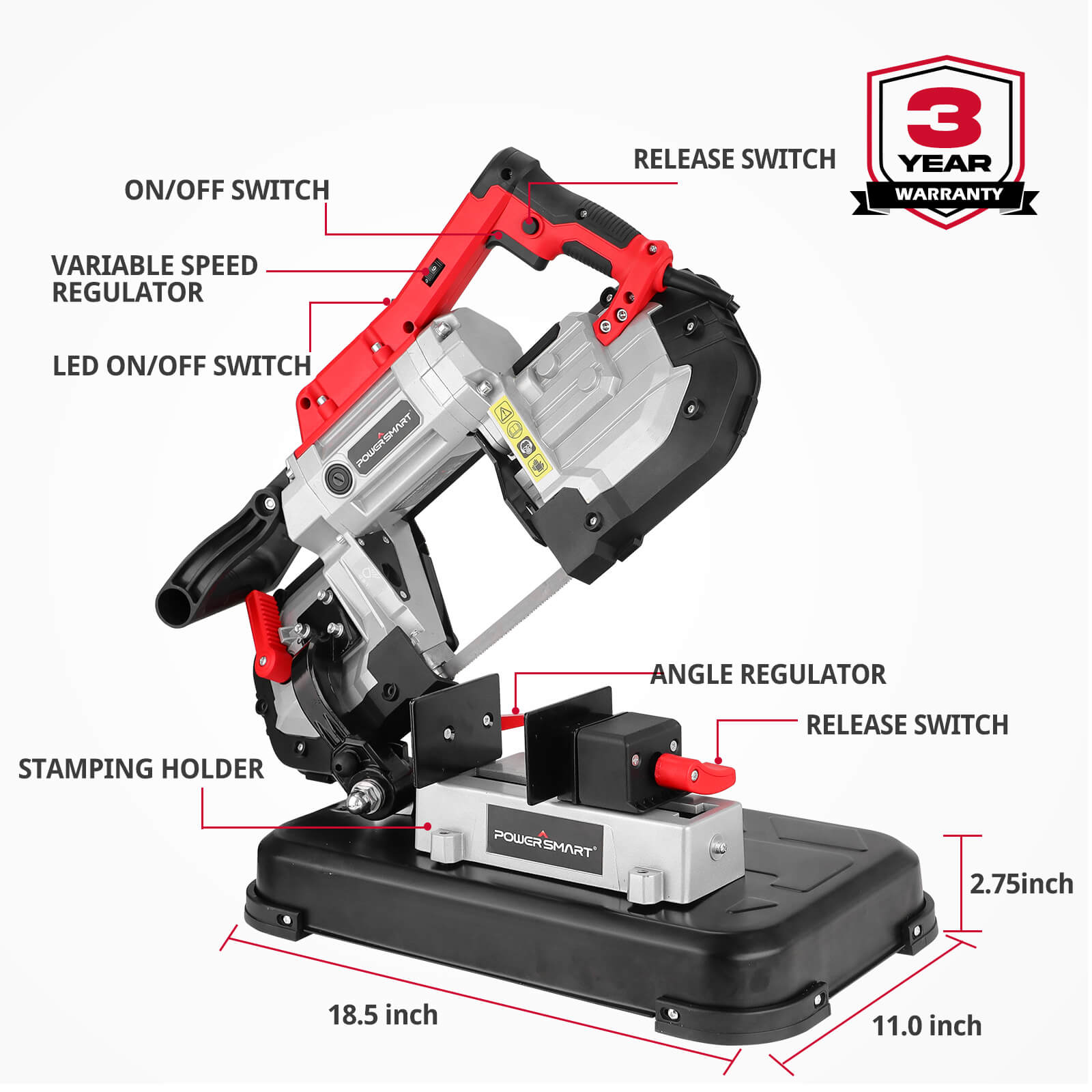PowerSmart PS3051 Portable Band Saw | 10A, Variable Speed, 0–45° Bevel, Removable Base