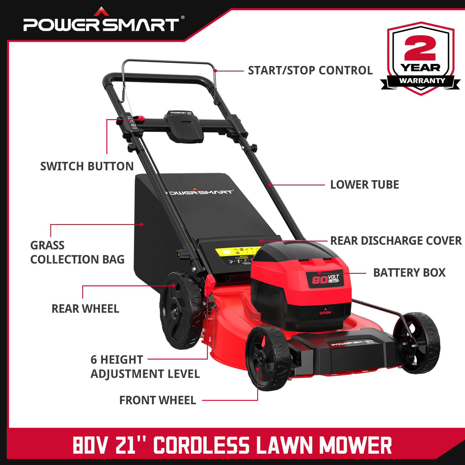 80V 21" Cordless Push Lawn Mower w/ Battery & Charger PS76821