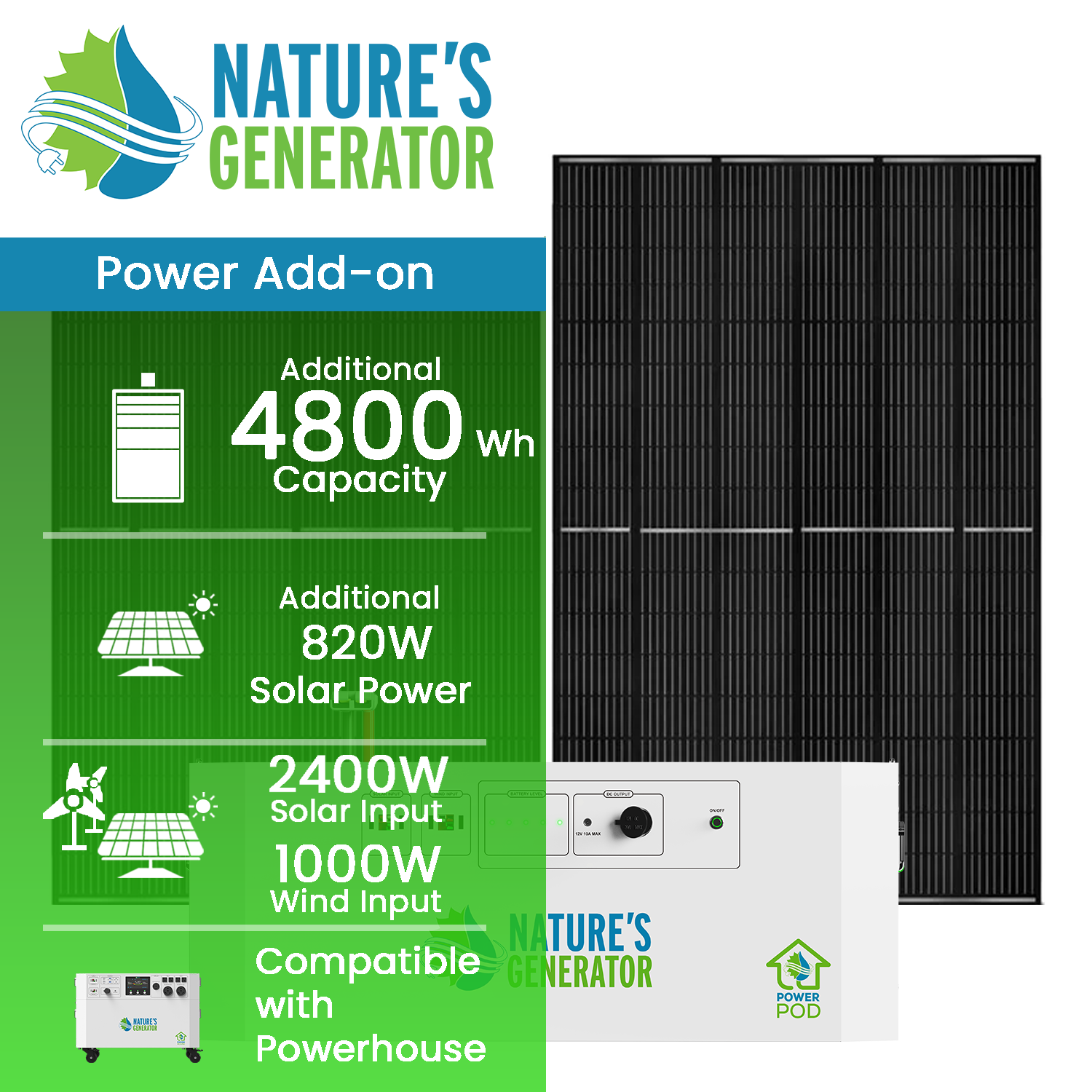 Nature's Generator Powerhouse Power Pod + Solar Panel Bundle | 4,800Wh Expansion Battery
