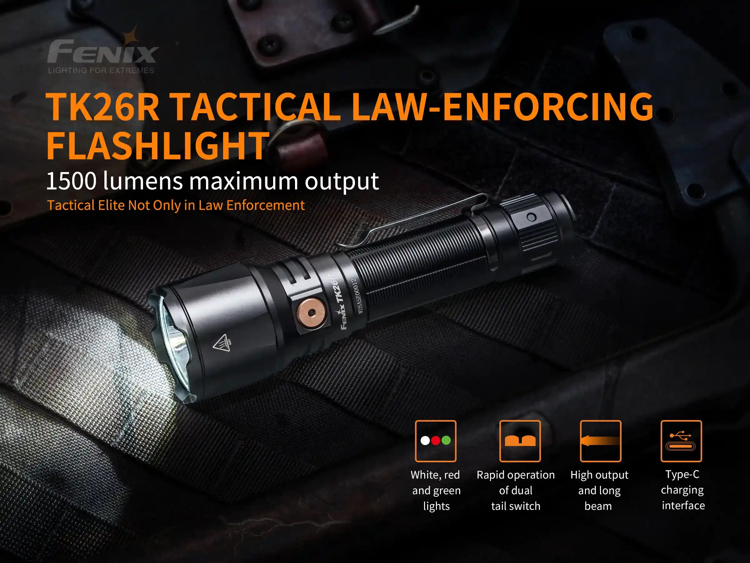Fenix TK26R Tactical Flashlight | White, Red & Green LEDs, 1500 Lumens, USB-C