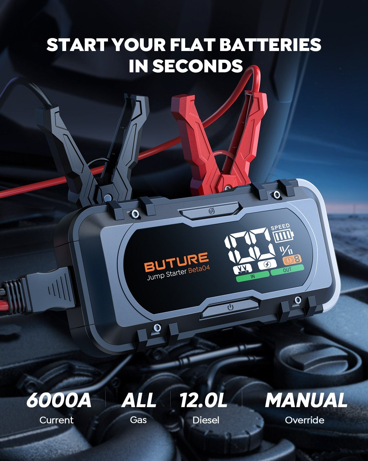 Buture Beta04 6000A Jump Starter | 27000mAh, 65W USB-C, 160W DC, 12.5L Diesel