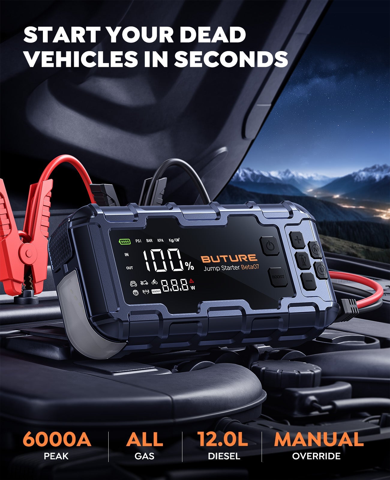 Buture Beta07 6000A Jump Starter & Air Compressor | 26800mAh, PD45W, 160PSI, 45L/Min